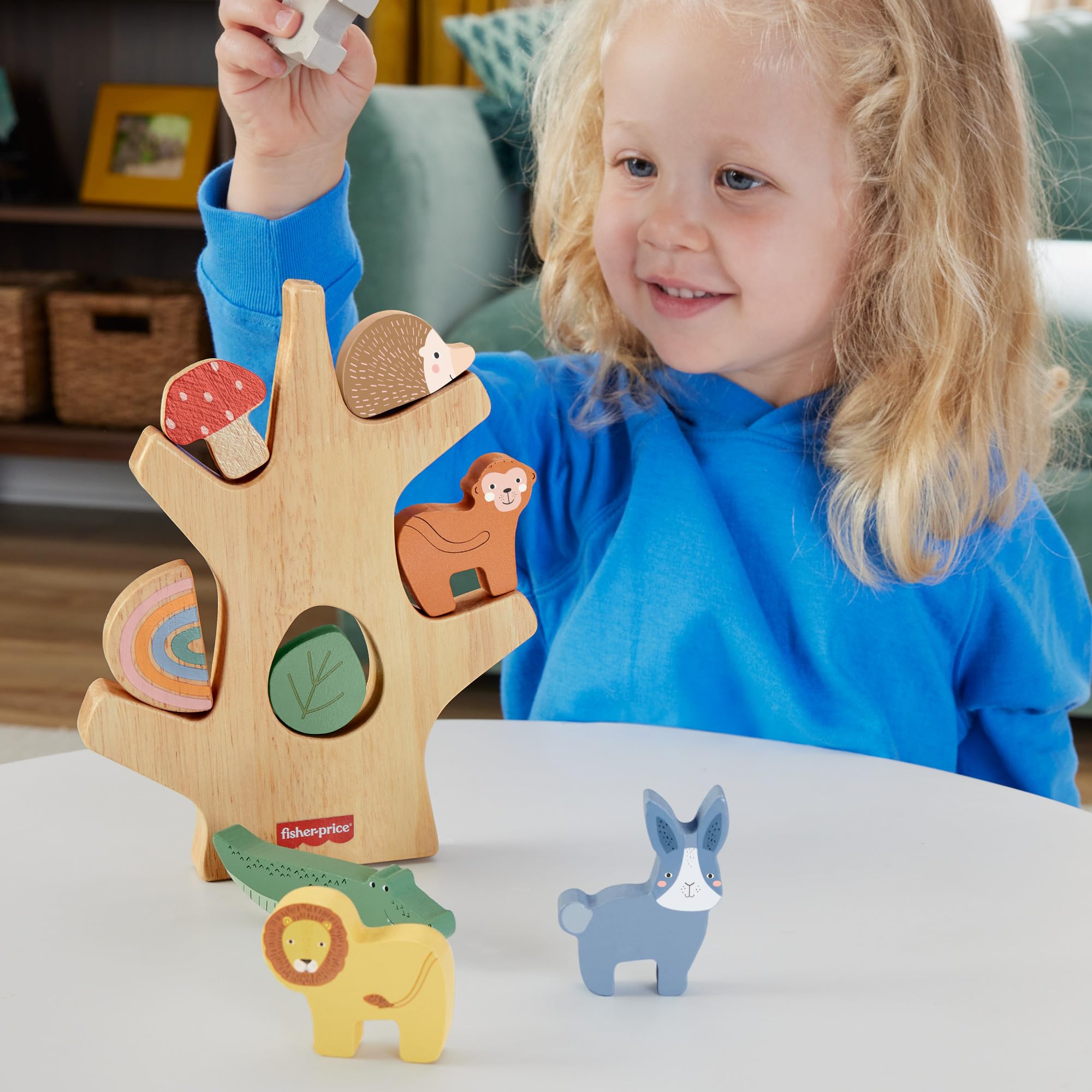 Fisher-Price Drewniane drzewko Zestaw z 10 elementami do zabawy rozwojowej dla dzieci od 3 roku życia, HXT87