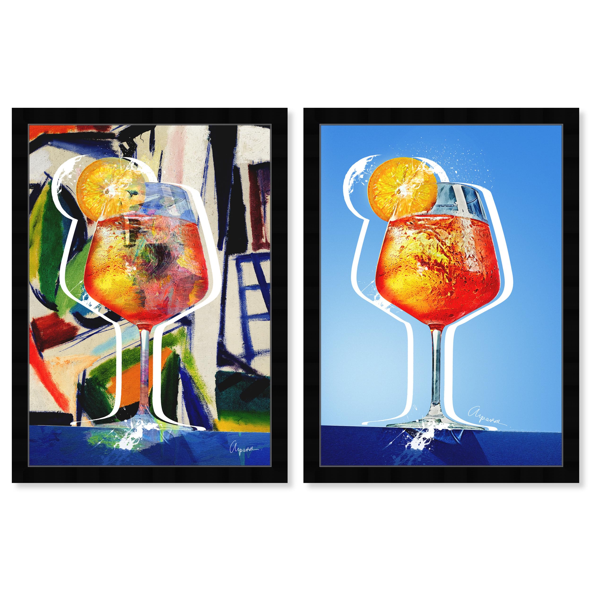 Drinks and Spirits Modern Black Frame Paper - Aperol SET, Wall Art for Living Room, Bedroom, and Bathroom, 13" x 19", Blue and Orange Home Decor