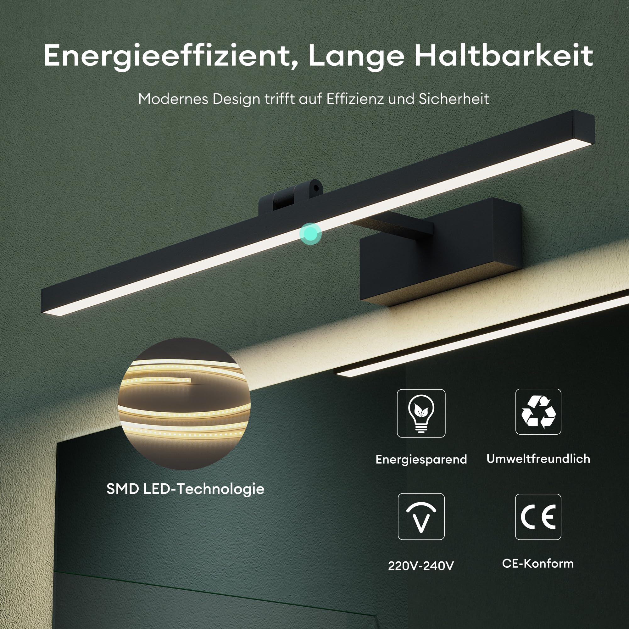 Mai & Mai Spiegelleuchte 40cm LED Badlampe | Spiegellampe, 4000K Badezimmer Lampe | 180° Drehbar Sandschwarz 9W Strahlenschön