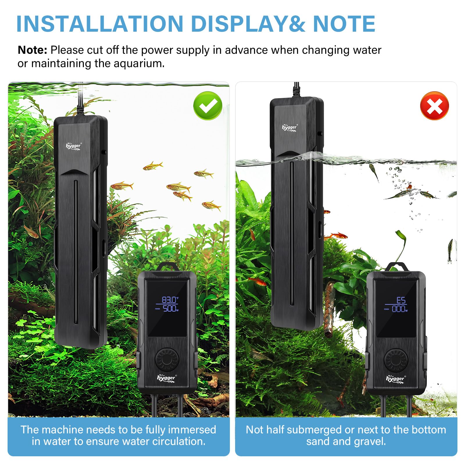 hygger Calentador sumergible para acuario: termostato dual de cristal de cuarzo con controlador de pantalla digital LED, calentador de protección automática APS para peceras de agua dulce y salada