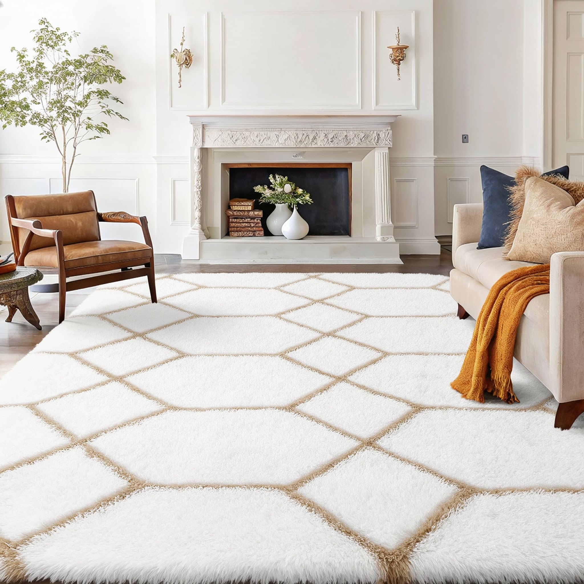 Homaxy Hochflor Flauschig Teppich Wohnzimmer, 120x160cm, Weiß Beige