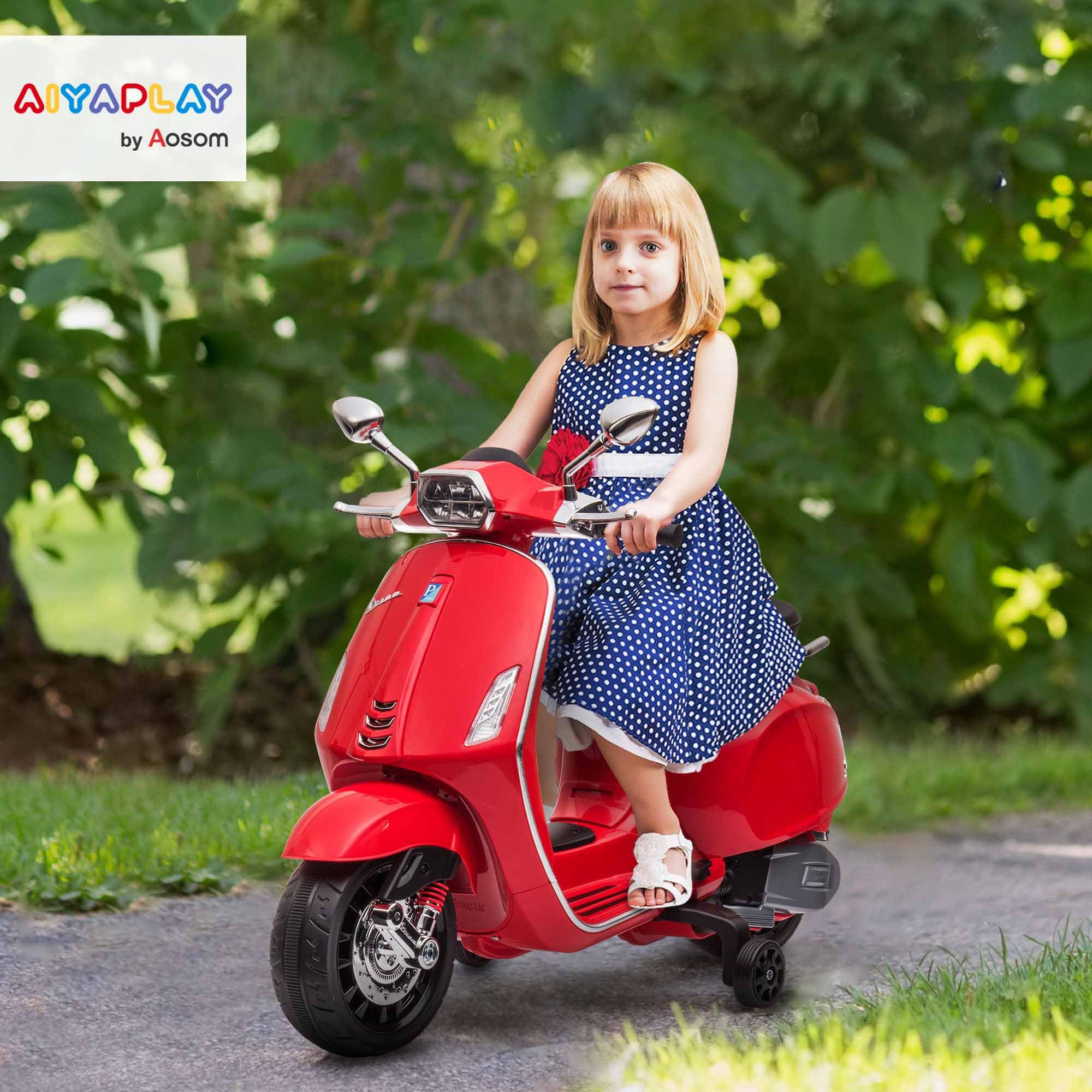 AIYAPLAY Elektro Kindermotorrad, Vespa 6V Elektromotorrad mit MP3, USB, FM-Radio, LED-Scheinwerfer, Kinderfahrzeug mit 2 Stützrädern, Elektro Motorrad für 3-6 Jahre Kinder, Rot