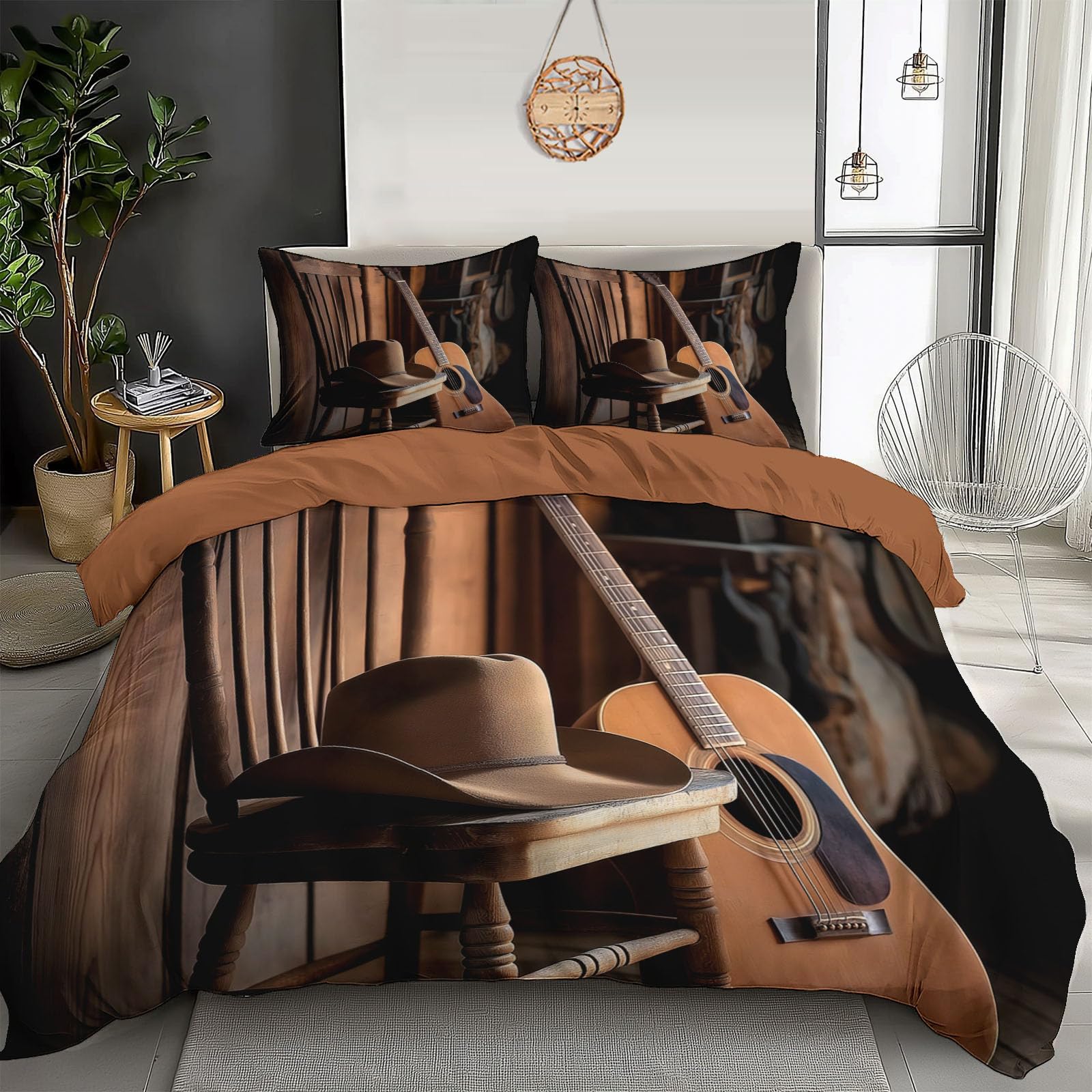Housse de couette 240x260 guitare country rétro avec taies d'oreiller
