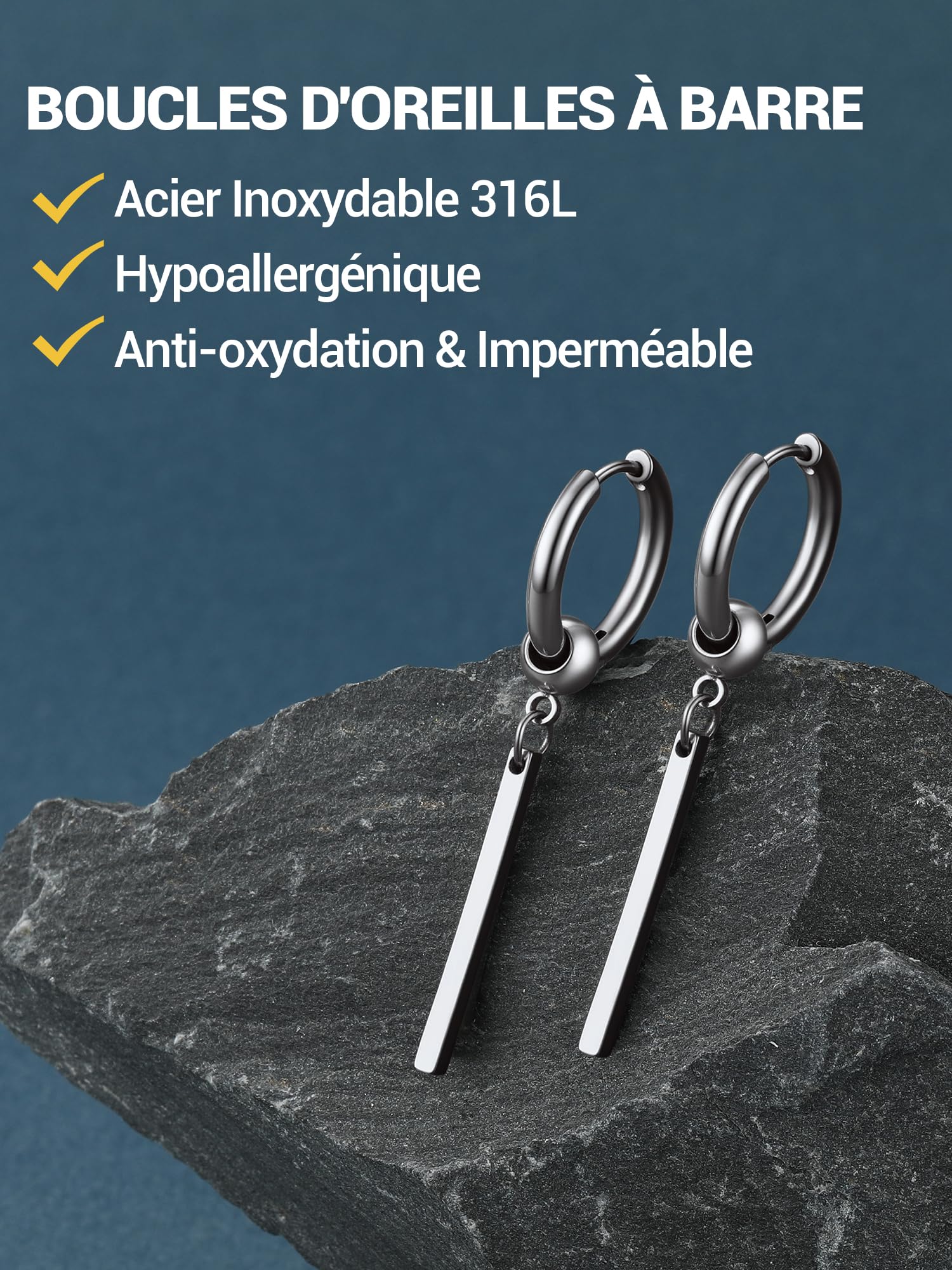 PROSTEEL Boucles d'Oreilles Homme, Créoles 12mm avec Pendantes Barres en Acier Inoxydable/Plaqué Or/Noir, Hip Hop Drop Earring, Style de Rue