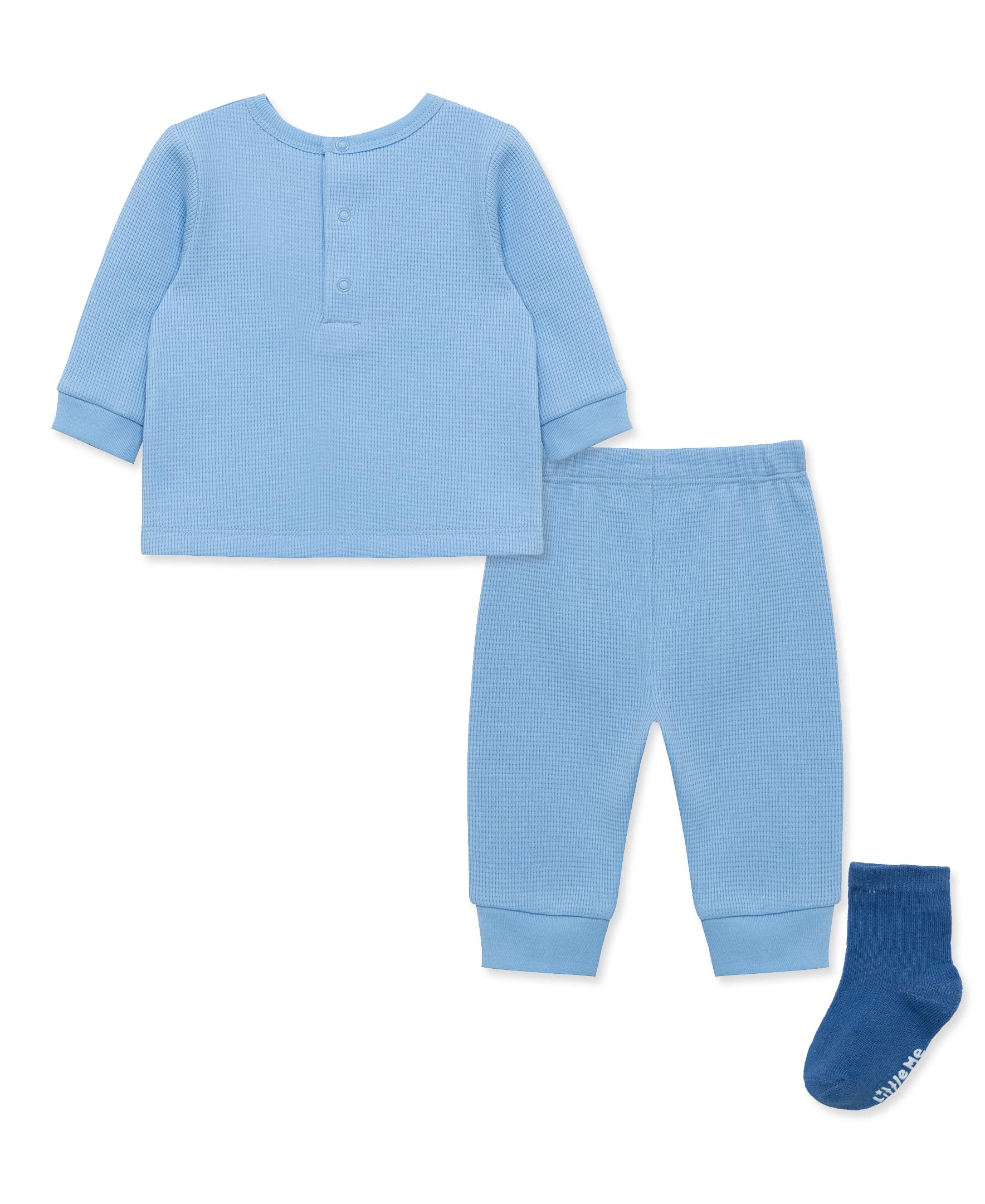Little Me Simply Essential Solids 100% Organic Clothes for Baby Blue Bear Jogger Set, Placid Blue, 12 Months