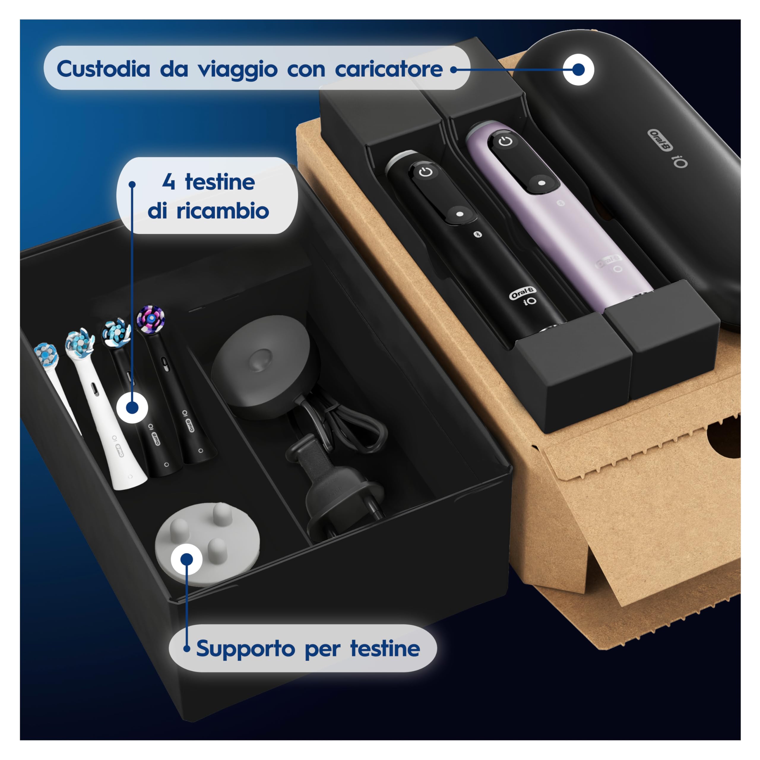 Oral-B iO 9, 2 Spazzolini Elettrici, 4 Testine di Ricambio, Nero e Rosa | 4 Testina di Ricambio per Spazzolino Elettrico Ricaricabile, Custodia da Viaggio Ricaricabile, Sensore di Pressione