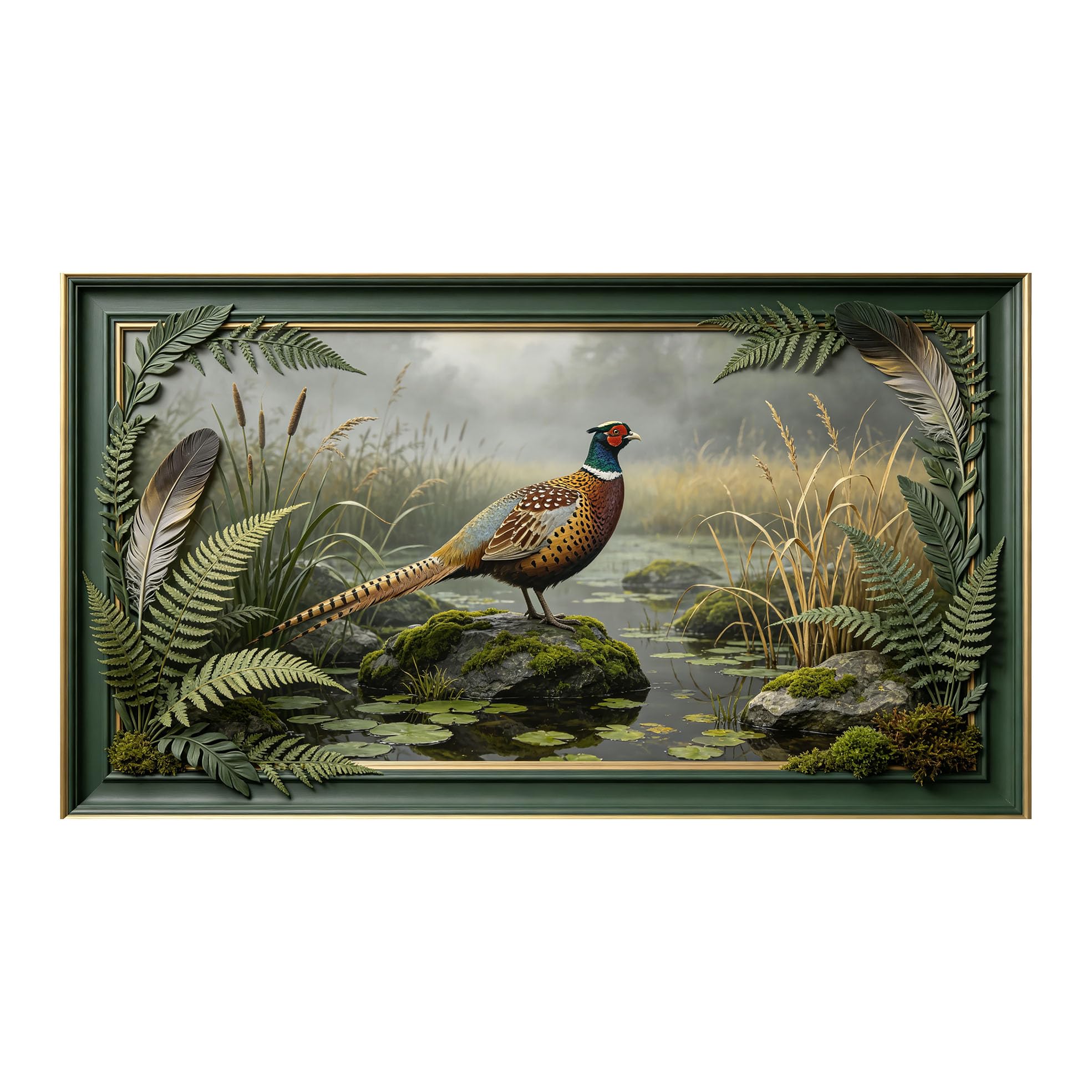 Yzpallescene 3D 3D Framed Wall Art 50cm×90cm Pheasant Wetland Landscape Realistic Nature Painting Large Size SelfAdhesive Removable Wall Decor Prints Artwork for Living Room Bedroom Office