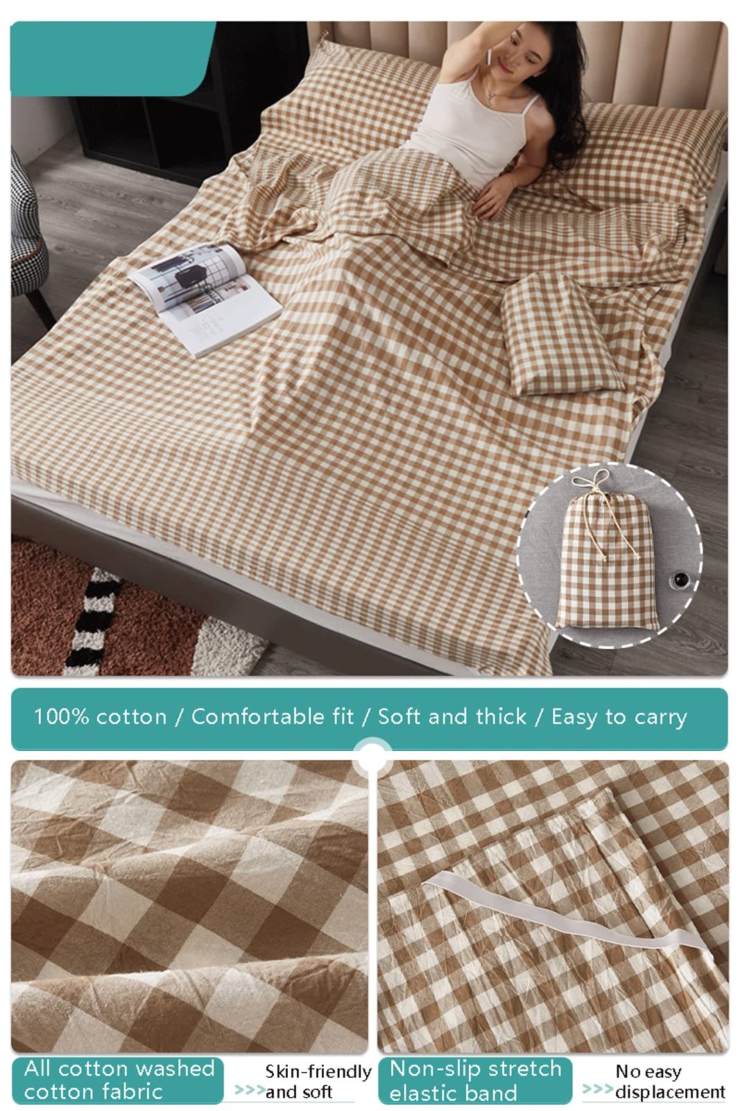 RUZGAR Sacco a Pelo Matrimoniale Sacchi a Pelo Estivi Sacco a Pelo Leggero e Compatto in 100% Cotone Motivo a Righe a Quadri Sacco Nanna for Viaggi in Hotel (Color : Brown, Size : 160x210cm-63x82)