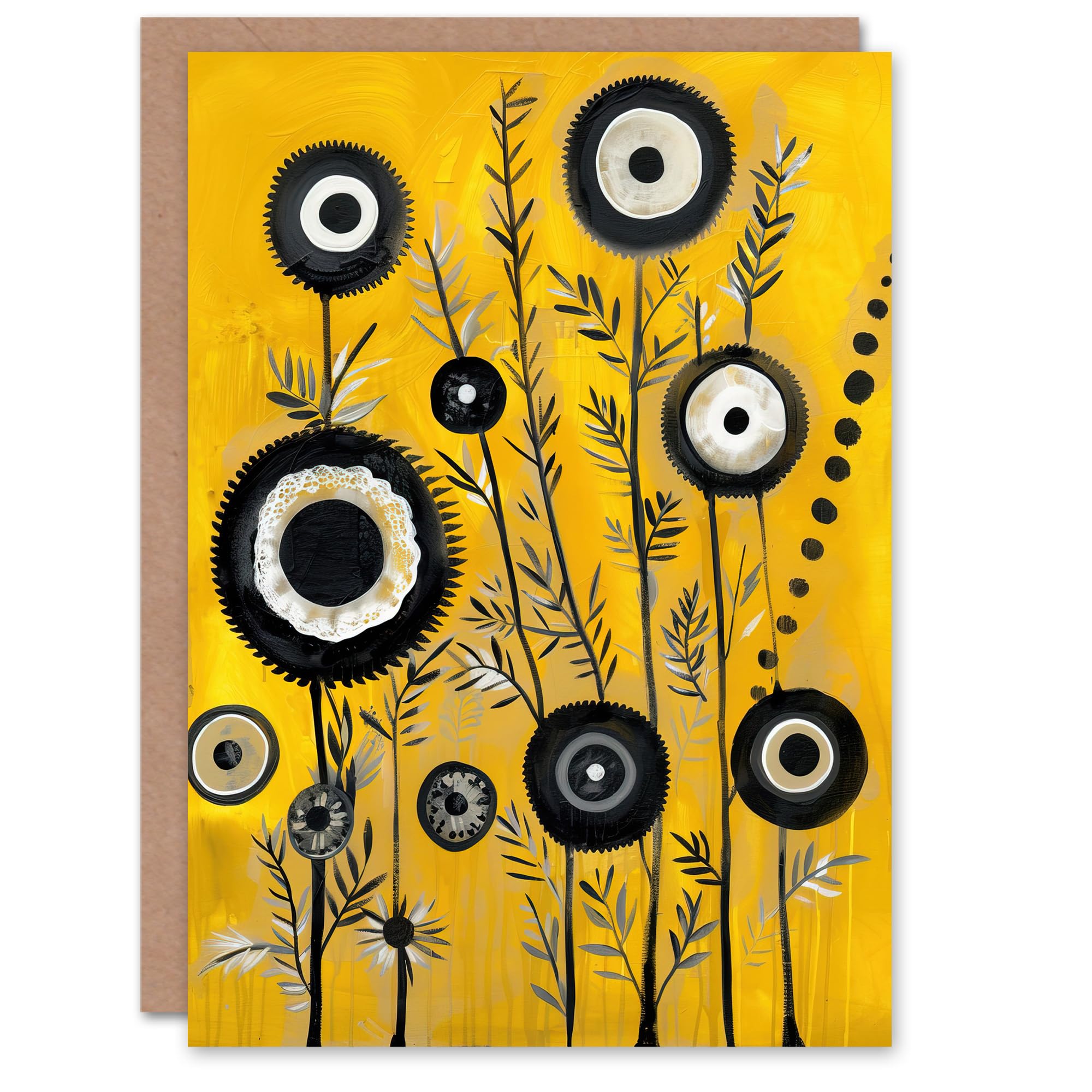 Artery8 Greeting Card Black Yellow Abstract Geometric Wildflowers For Her Woman Birthday Card