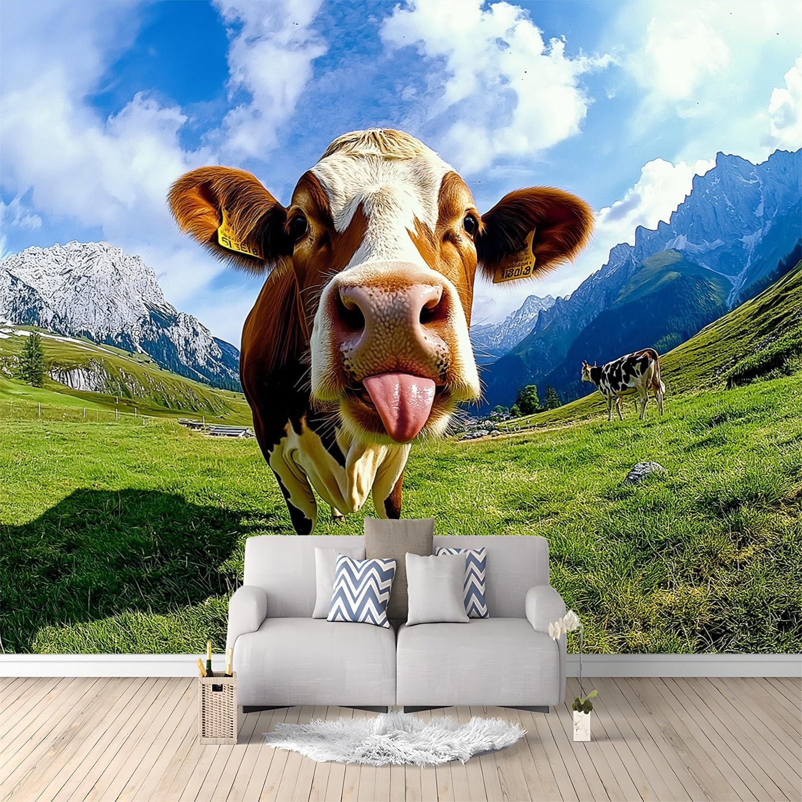 Fototapete 3D Effekt Tierfotografie Berge Wiesen Kühe Tapete Fototapeten Vlies Tapeten 250 x 175 cm Vliestapete Wandtapete Moderne Wand Schlafzimmer Wohnzimmer Tapete