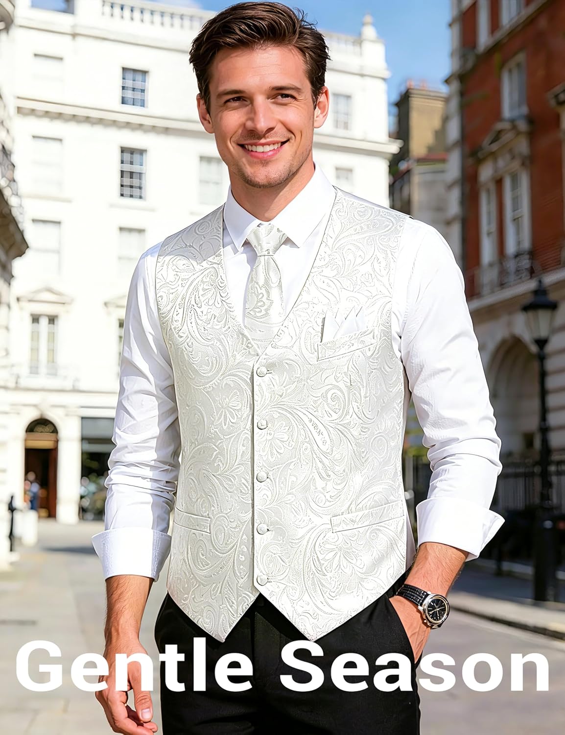 Men's Formal Suit Vest with Tie Pocket Square Slim Fit 3 Pockets Waistcoat Vest Set for Men