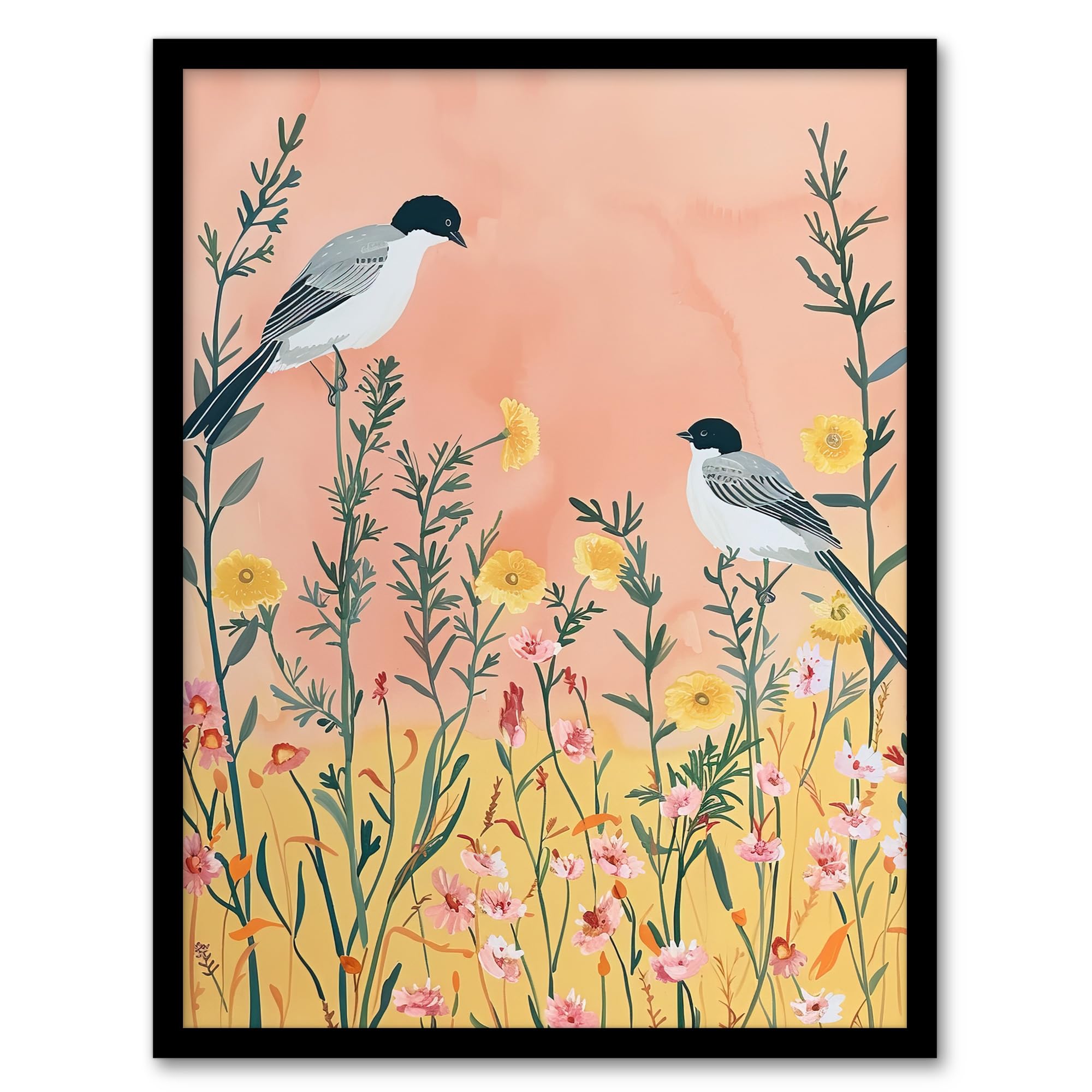 Artery8 Two Chickadee Birds in Pastel Wildflower Field Living Room Artwork Framed Wall Art Print 18X24 Inch