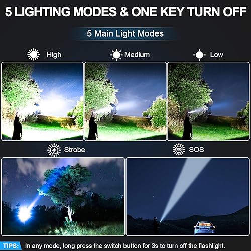 Miniatura 4 de Linternas tácticas recargables de alto lúmenes, 5000 mAh súper brillante LED potente, linterna USB C de mano impermeable para el hogar, automóvil,