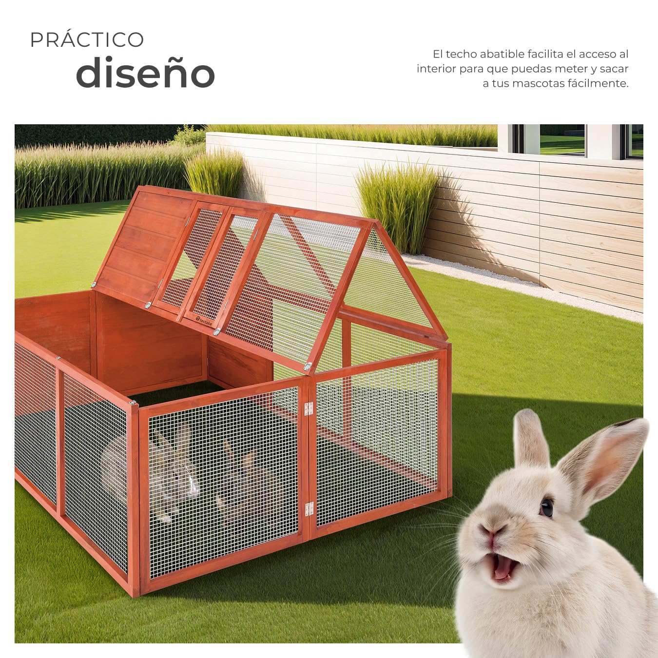 tectake® Jaula Conejo Exterior Plegable, Jaulas para Conejos con Techo Abierto y Malla Fina, Conejera Exterior en Madera Lacada, Jaula Cobaya, Casa Conejo, Casa para Conejos - 103 x 150 x 53 cm