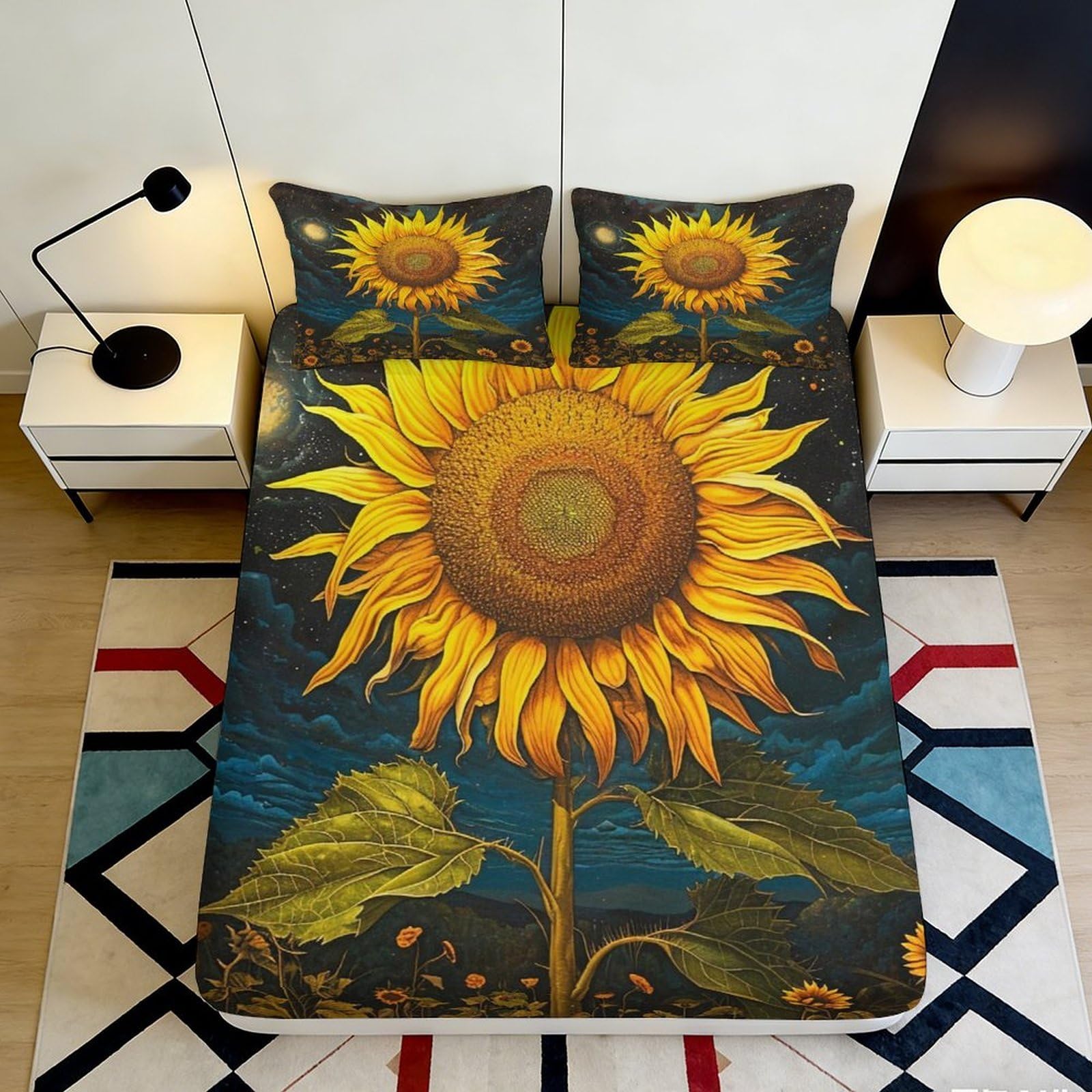 3D Printed Sunflower Bloom Fitted Sheet Microfiber Anti-Slip Mattress Cover for Bedroom Dorm Decor Machine Washable 90x200x25cm