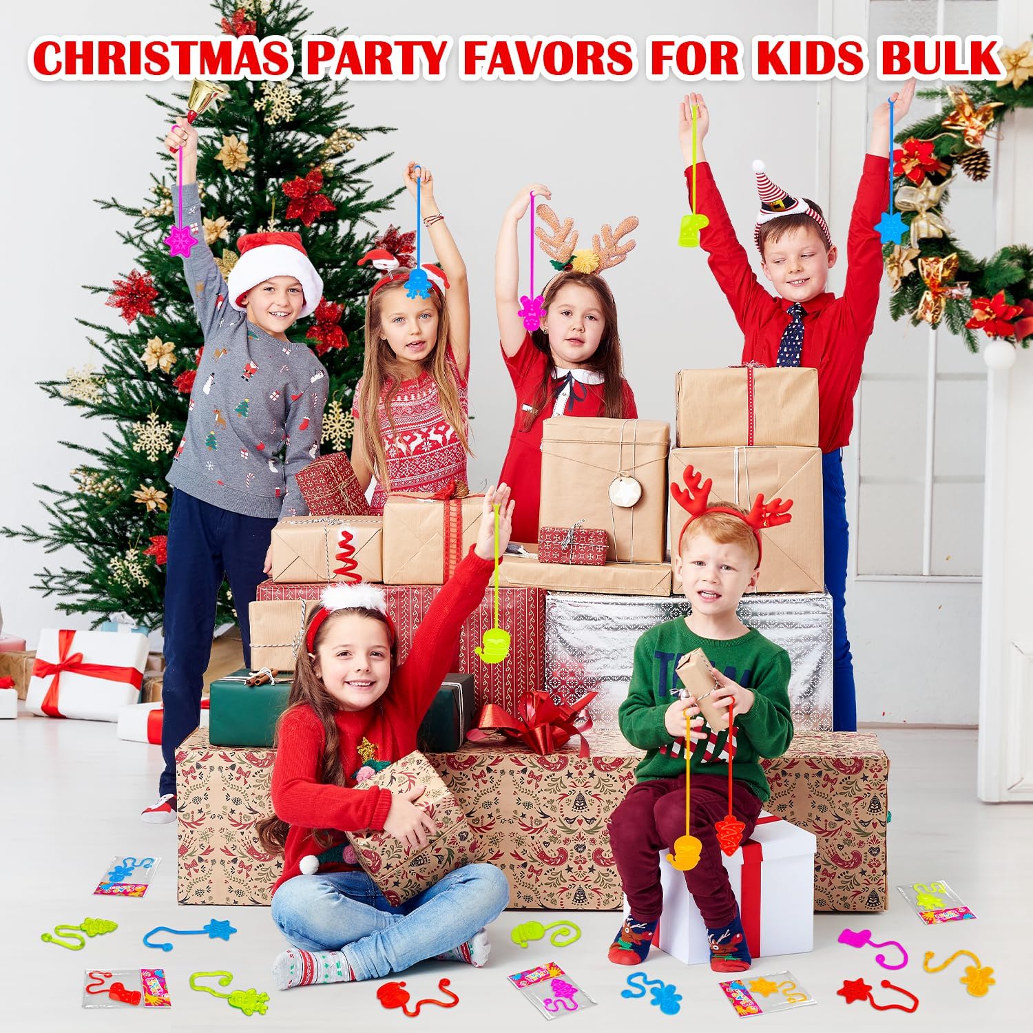 100 Pack Bulk Christmas Sticky Hands Toy Gifts for Toddler Stocking Stuffers, Classroom Prizes Treats Trinkets Party Favors for Kids,Non Candy Goodie Gift Bags for Boys Girls