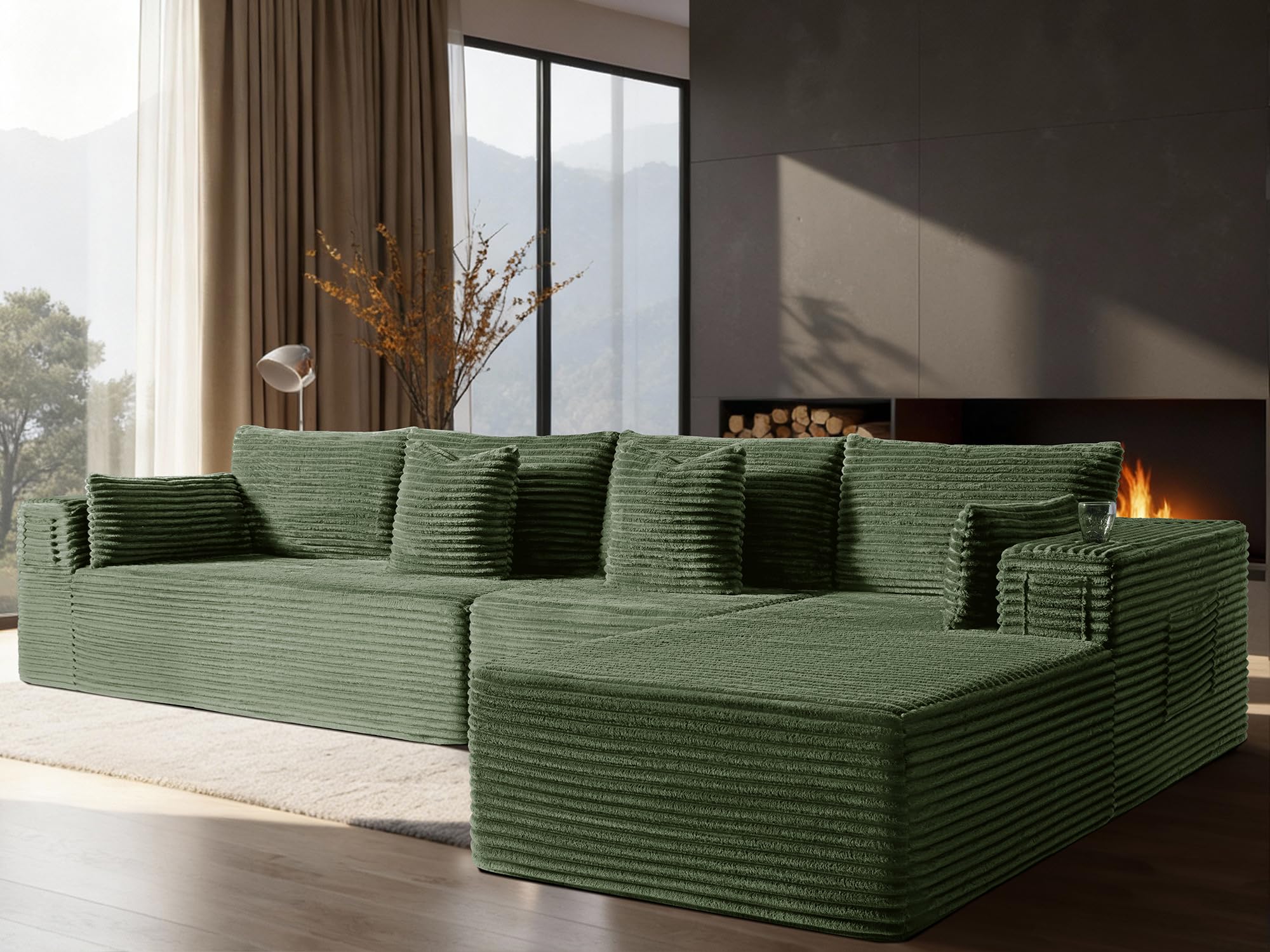 138" Cloud Sectional Couch, Comfort L Shaped Boneless Couch for Living Room, Extra Deep Seats No Assembly, Minimalist Modular Sofa, Corduroy (Olive Green, 3 Seater+Right Facing Chaise)
