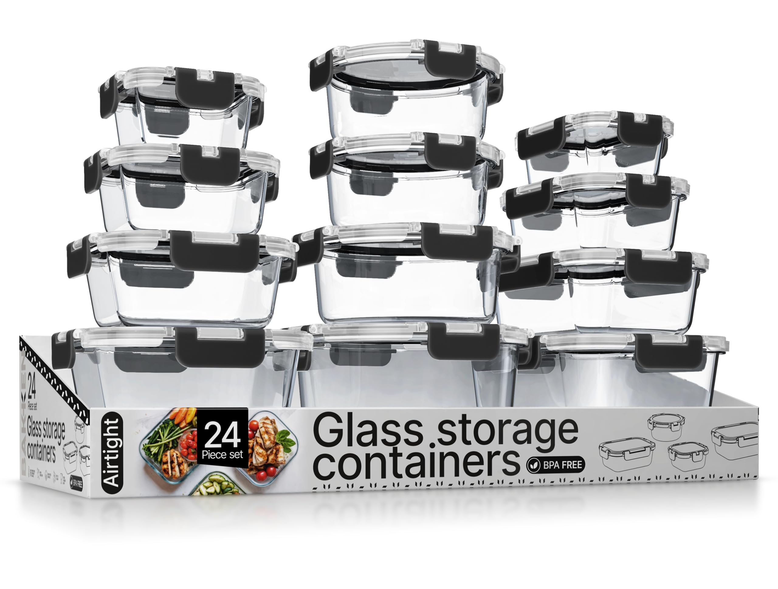 Bakkenmaster Black Bakken Borosilicate Glass Food Storage Containers With Lids 24 Pieces, Bpa-Free Stackable Lunch & Leftover Containers, Microwave, Freezer & Dishwasher Safe, 100% Airtight Leak-Proof,