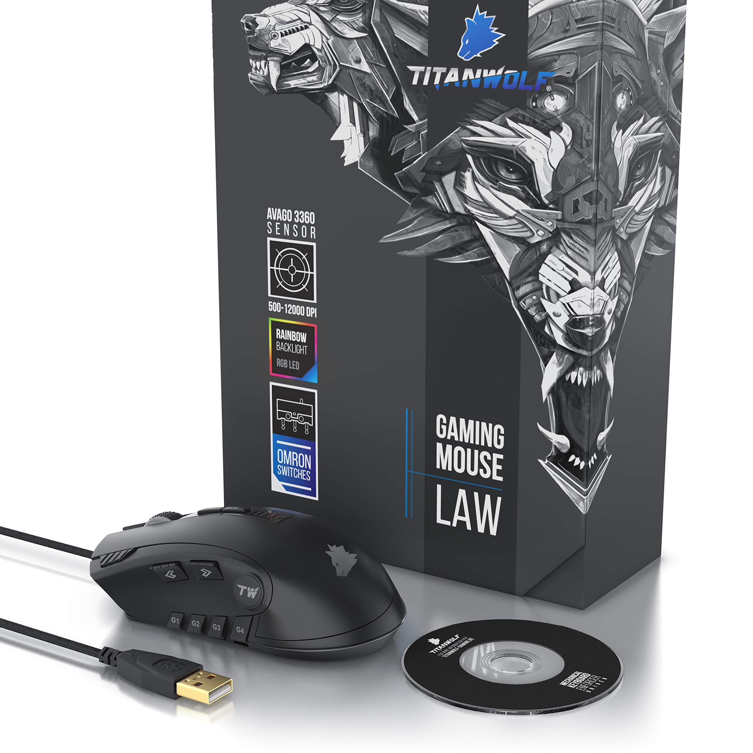 Titanwolf - Gaming Maus - Mouse mit 24.000 DPI Abtastrate - Sensor Avago 3360-12 Tasten - inkl. Software Makroprogrammierung - RGB mit Rainbow Backlight - Gewichtstuning - Polling-Rate bis 1000 Hz