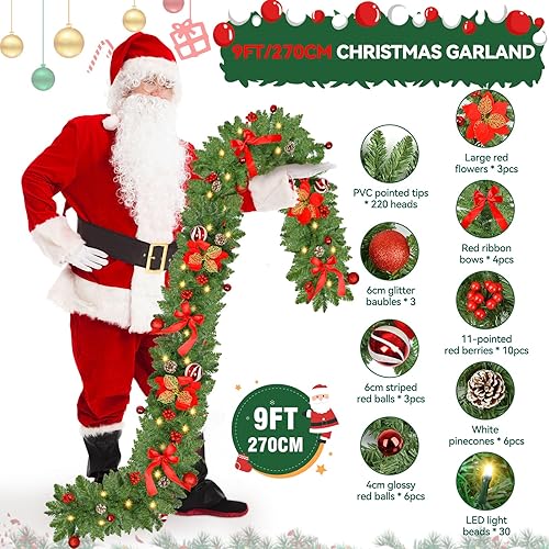 Miniatura 2 de Guirnalda de Navidad con luces de 9 pies, temporizador preiluminada, funciona con pilas, para decoración de Navidad al aire libre e interior, 30