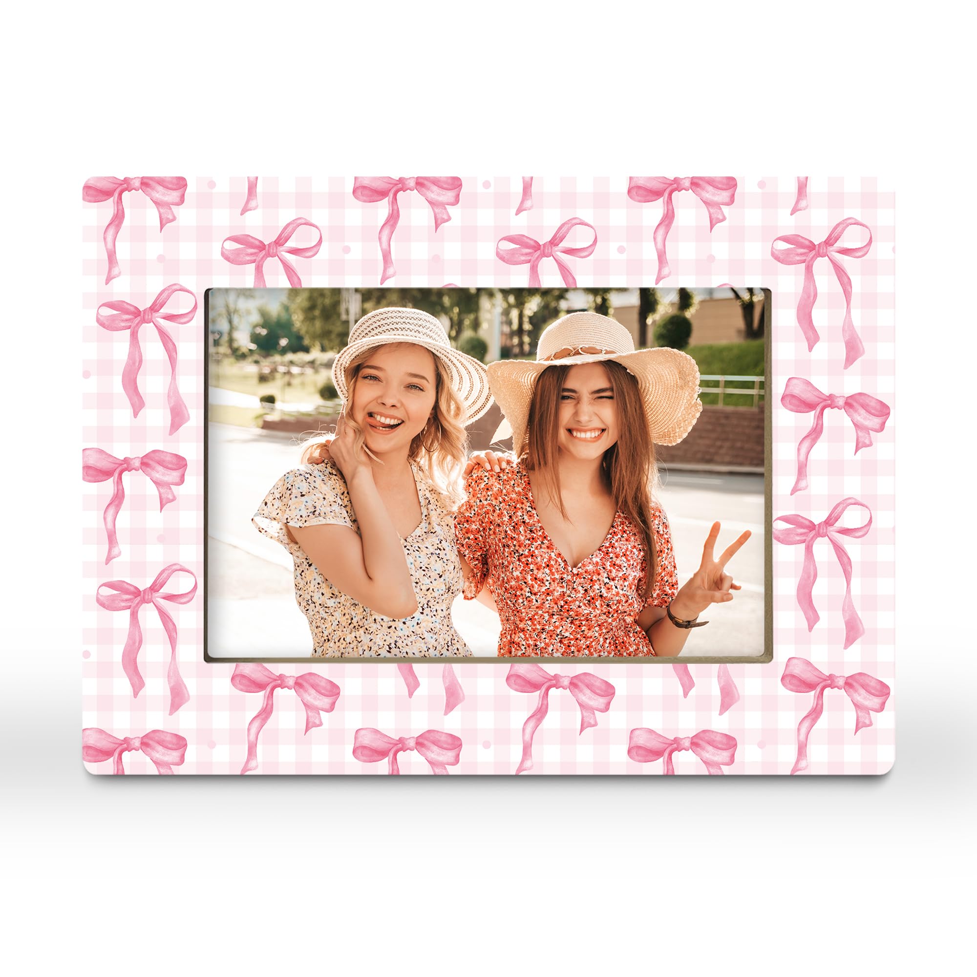 Photo 1 of [MINOR DAMAGE] CGBHW Pink Bow Plaid Gifts Picture Frame, Coquette Preppy Bowknot Gift for Girlfriend Teen Girls Friend Sister Couples, Trendy Girly Aesthetic Photo Frame 4x6 Horizontal Photo for Tabletop Display