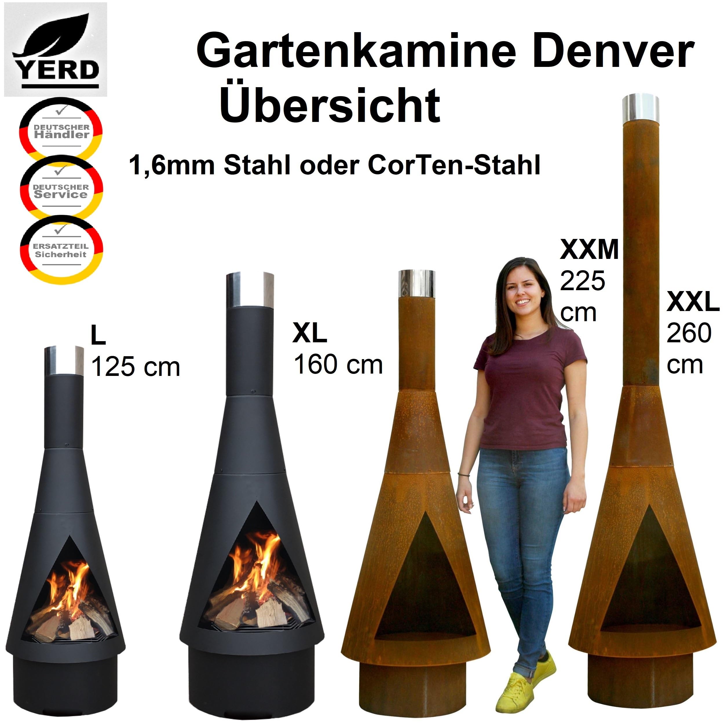 Yerd Gartenkamin Denver XXM 2 Meter 200 cm aus Corten-Stahl inkl. Grill-Rost Set mit Verlängerung