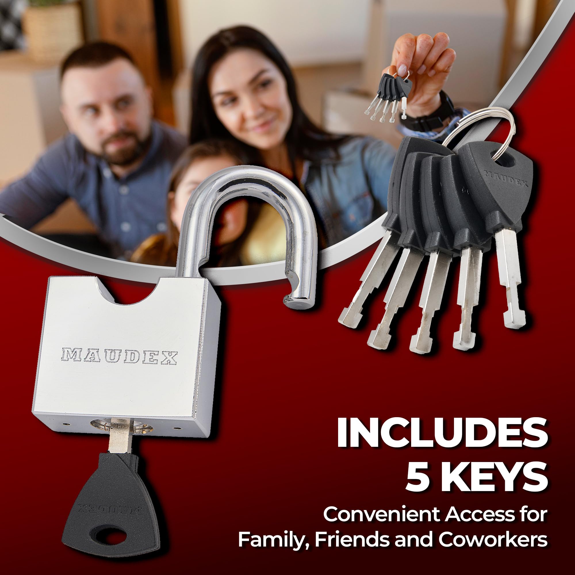 Maudex® RPB45 Heavy Duty Padlock with 5 Keys - 9mm Cut Resistant Hardened Shackle - Weatherproof Chrome Body - Image 4