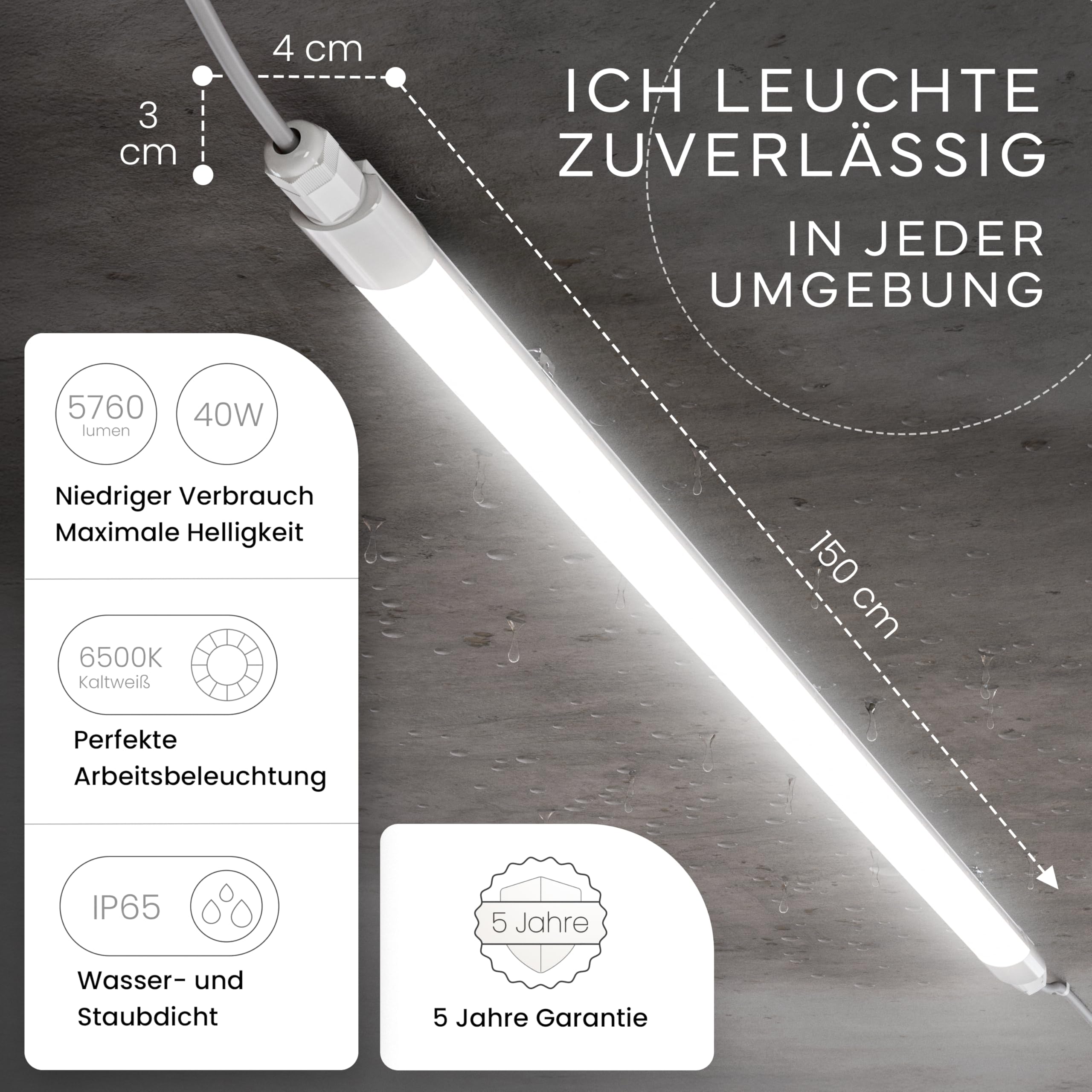 MATO® 12x Feuchtraumleuchte LED 150cm - Wasserdicht IP65, 40W, 5760lm - 6500K Kaltweiß - Verknüpfbare Feuchtraumlampe - Wannenleuchte, Kellerleuchte, Garagenlampe, Werkstatt Deckenleuchte Lang