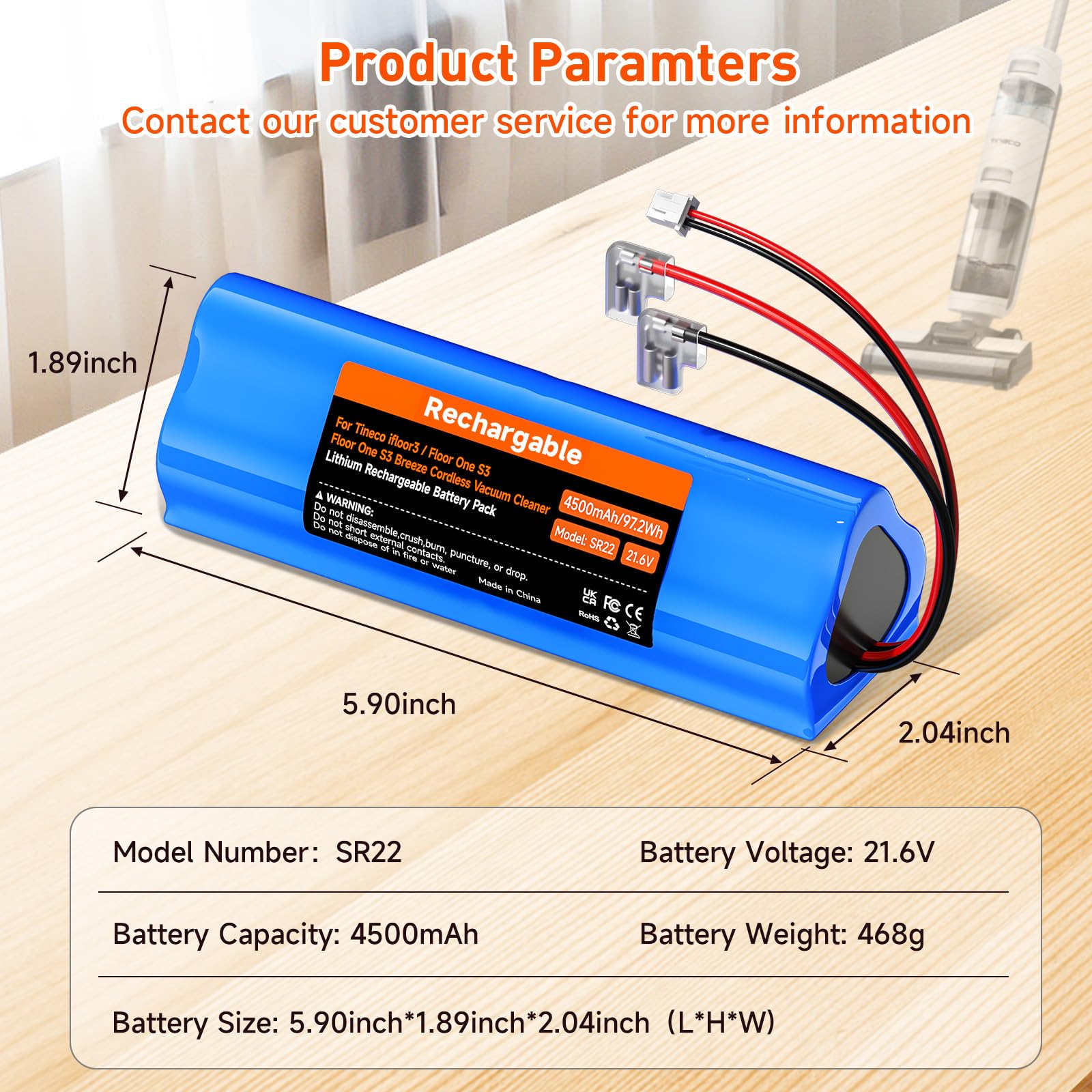 4500mAh/21.6V Batteria di Ricambio per Tineco Floor One S3, Floor One S3 Breeze, per Tineco S2, Tineco Floor One S2 Aspirapolvere Batteria a lunga durata (1 batteria + 1 spazzola + 3M Adesivi)