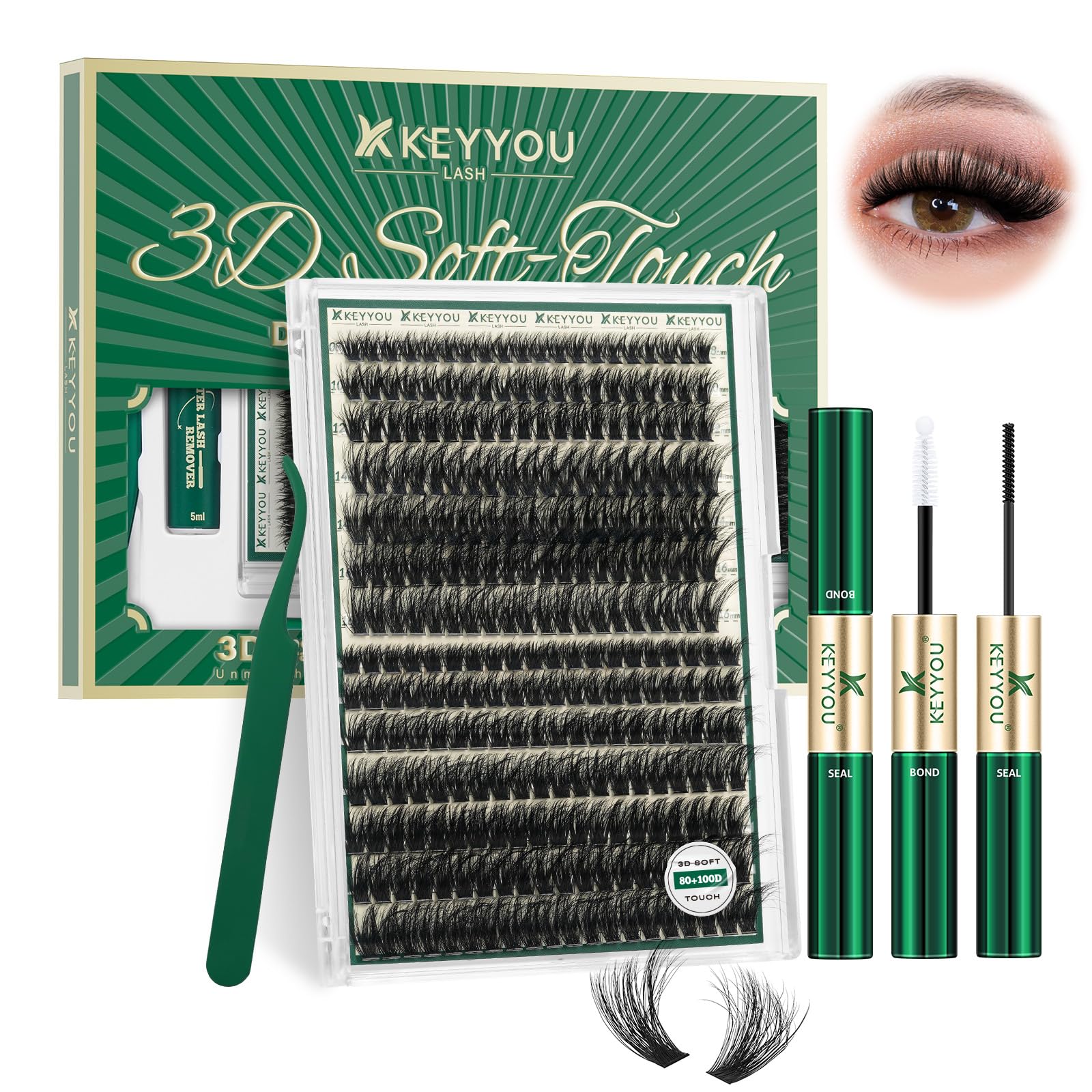 Photo 1 of KEYYOU 3D Effect lash Clusters Kit 80D100D 280pcs Eyelash Clusters Kit D Curl Individual Lashes Kit Wispy Lash Extensions Kit with Waterproof Lash Bond and Seal Tweezers (Lash Kit-8-16MIX)