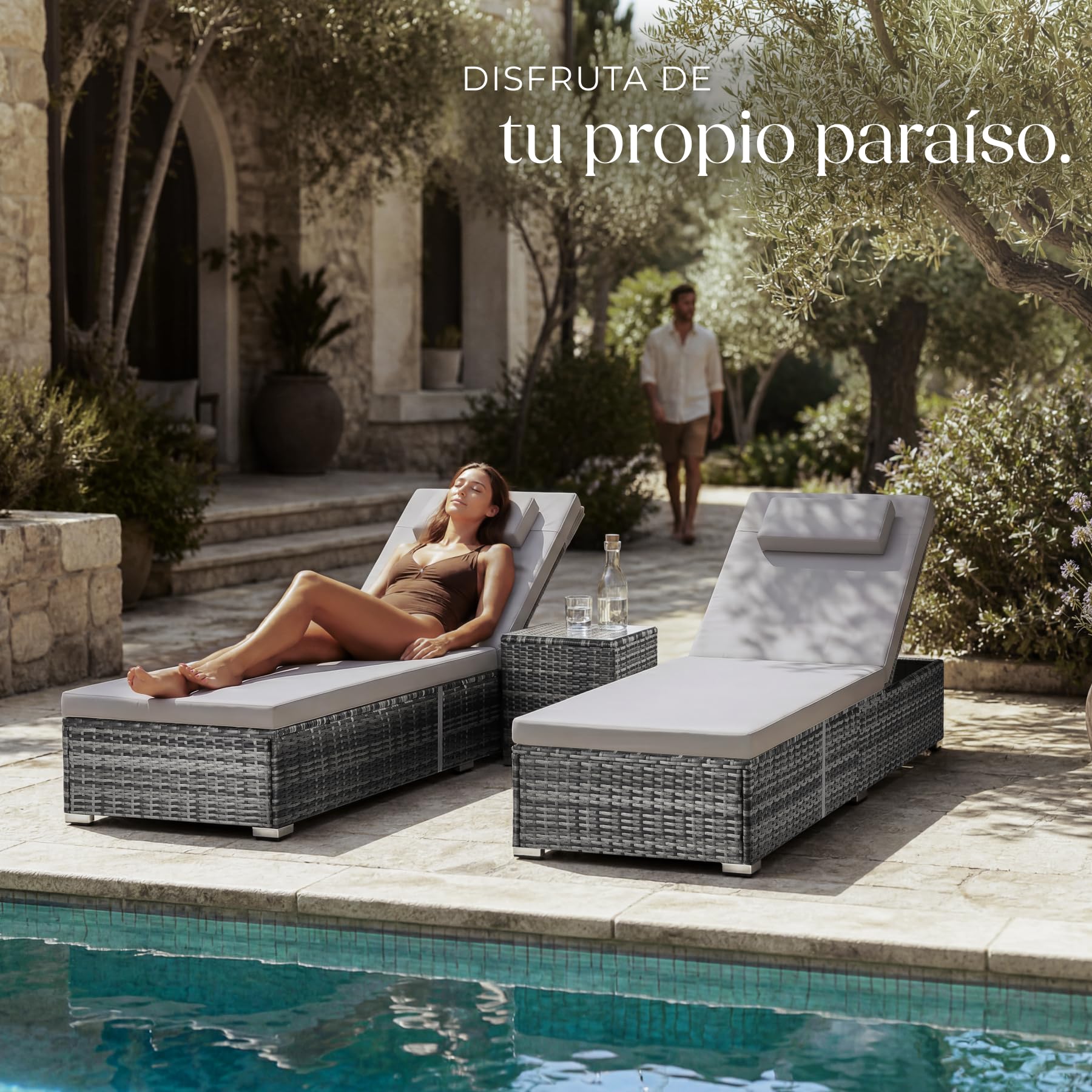 tectake® Set de 2 Tumbonas Jardin Exterior, Tumbonas Piscina, Muebles Jardin Exterior, Tumbona Plegable, Tumbona Terraza con Mesa, Respaldo Ajustable 6 Posiciones, Acolchado Extraíble - Gris