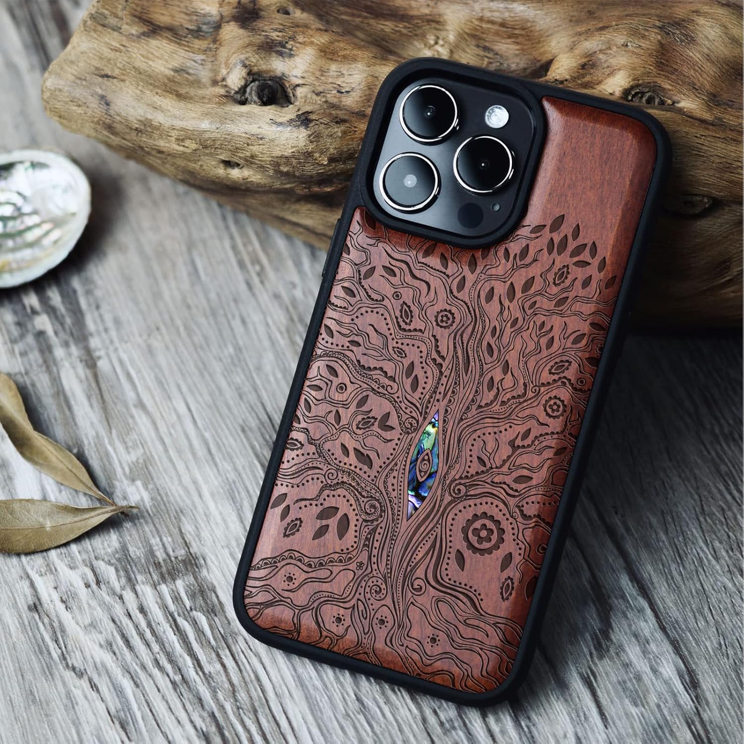 Carveit Designer Wooden Magnetic Case for iPhone 14 Pro Max Case [Wood Engraving & Shell Inlay] Unique Wood Phone Cover Compatible with 14 Pro Max MagSafe 6.7 Inch (Tree of Life-Rosy)