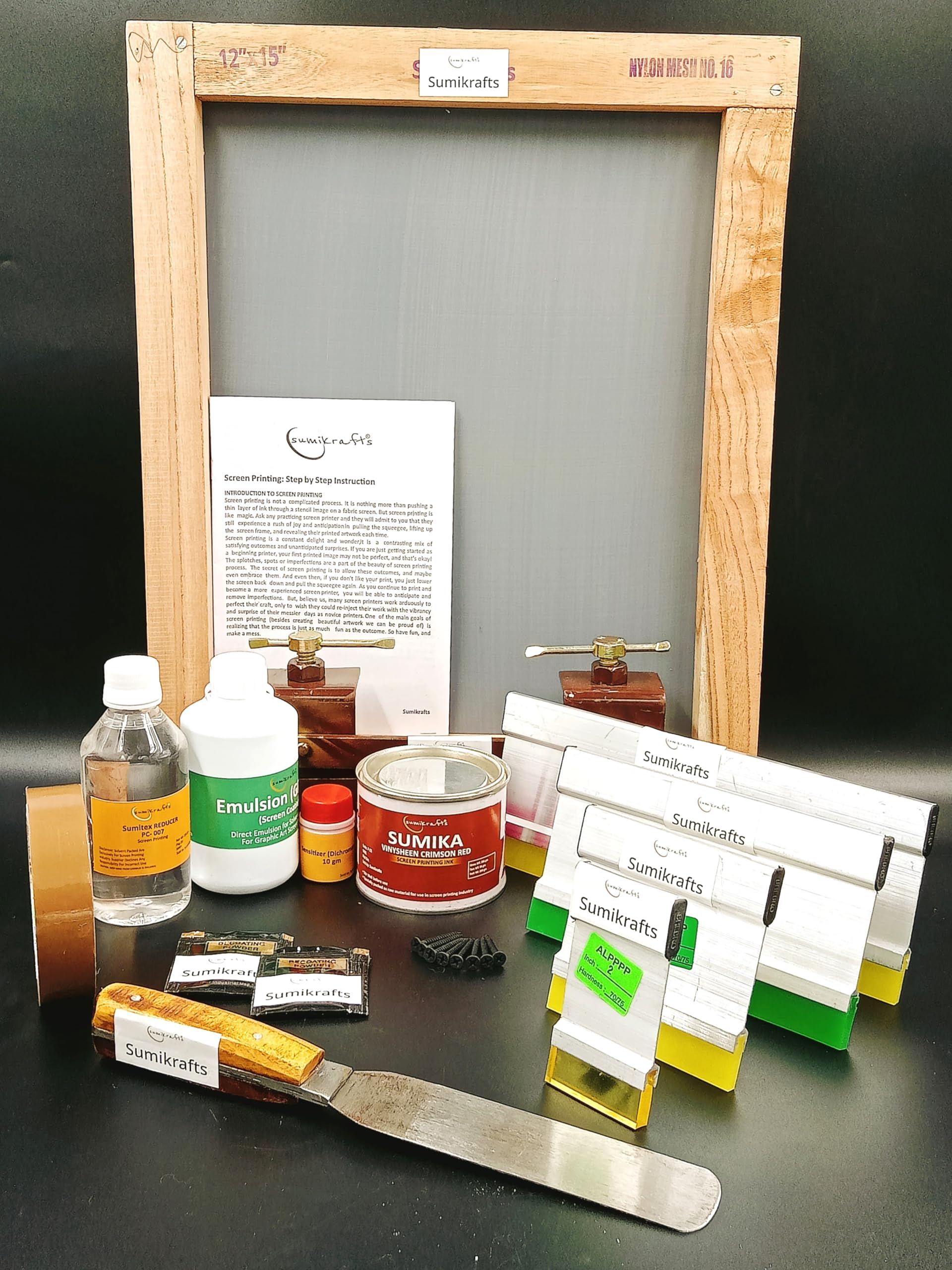 sumikrafts Complete Screen Printing Kit: Sumika Vinysheen Crimson Red, Double Hinge Clamps, Metal Mixing Knife, and Large 12"x15" Frame