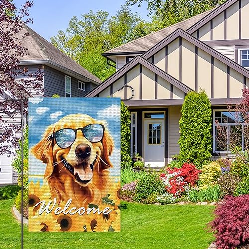 Miniatura 4 de Balgardekor Bandera de jardín Golden Retriever de perro de verano de doble cara, lentes de sol de bienvenida para playa, piscina, girasol,