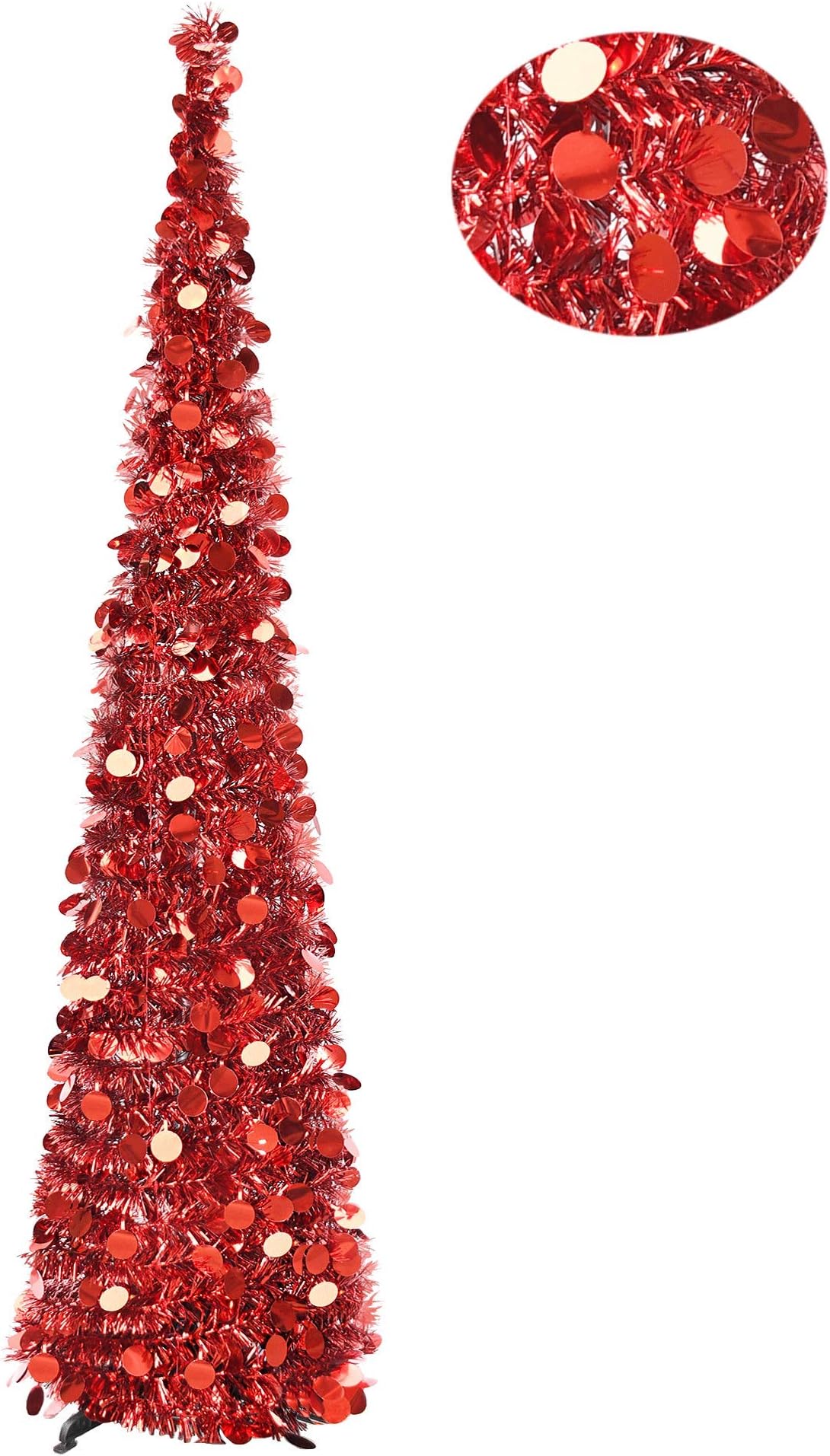 YUQI 5FT Artificial Pop Up Christmas Tinsel Trees with Plump Sequin Bling, Collapsible and Reusable Xmas Tree for Christmas Party,Next New Year,Wedding, Seasonal Home Décor & Party (RED)