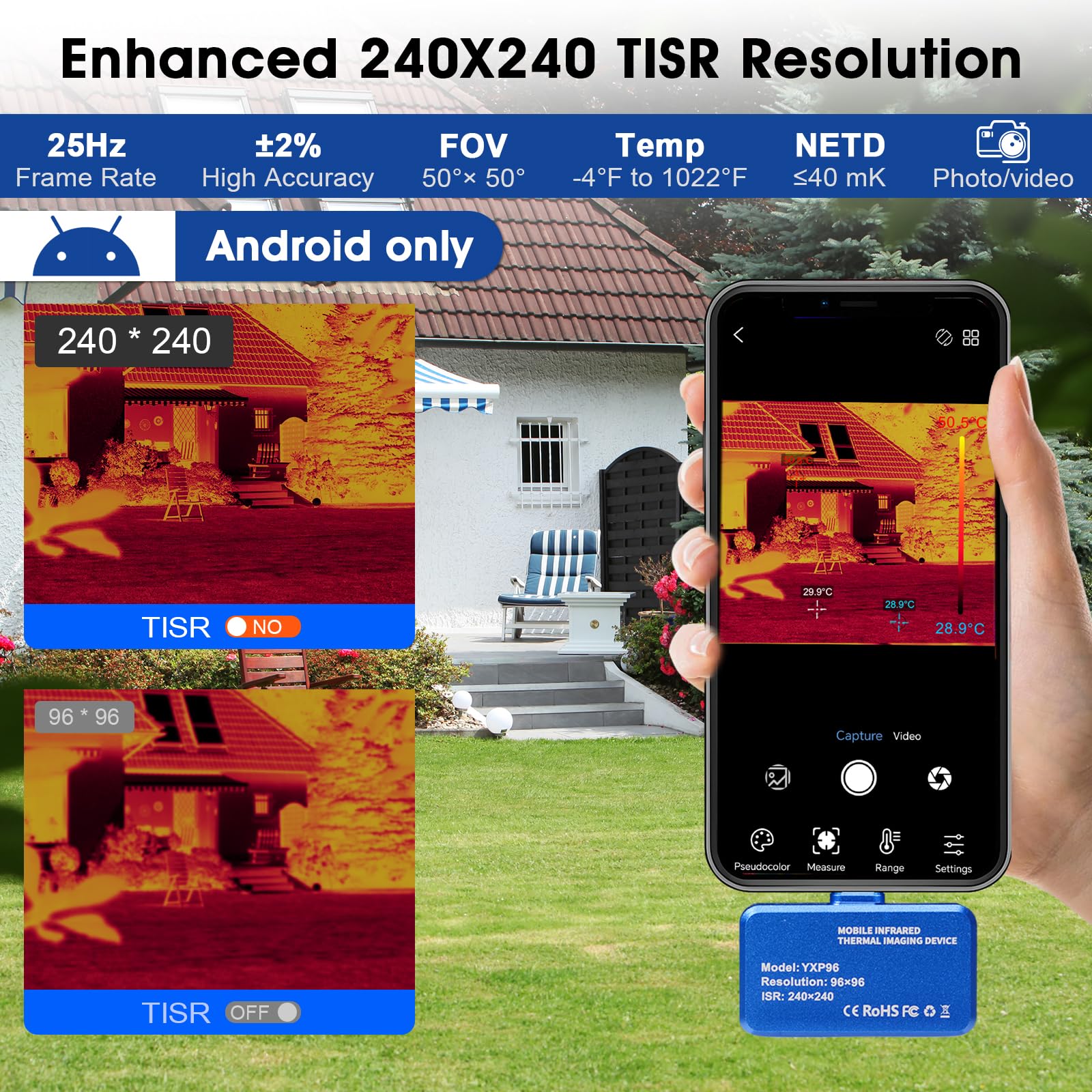 Wärmebildkamera für Android Smartphone, AIOMEST Thermal Camera 240 x 240 TISR Wärmebild mit USB-C, 25Hz, -20°C ~ 550°C, Infrarot Kamera für Wärmeverlust Inspektion Leckagesuche Wärmebrücken (Deutsch)