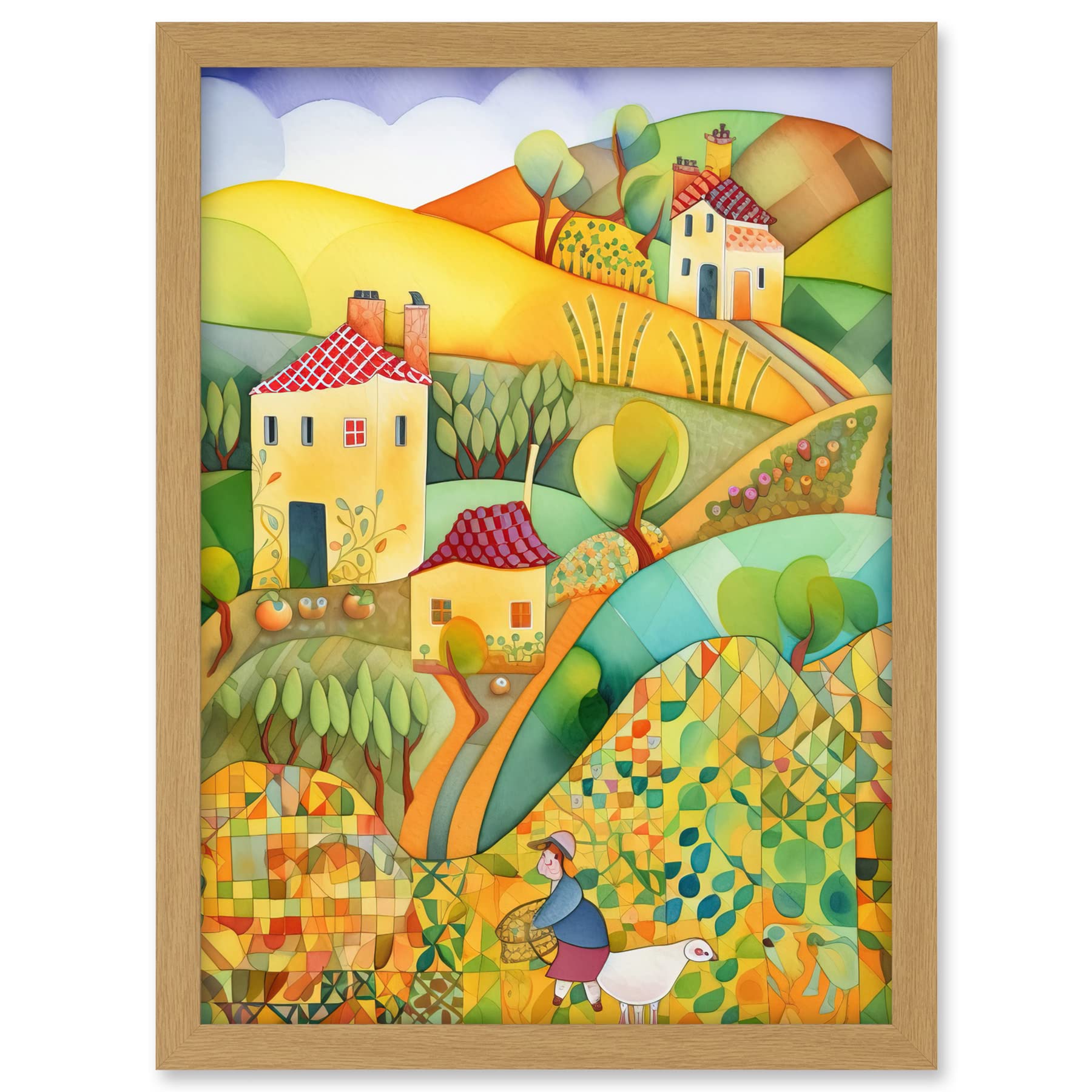 Artery8 Countryside Farming Folk Art Watercolour Painting Artwork Framed A3 Wall Art Print