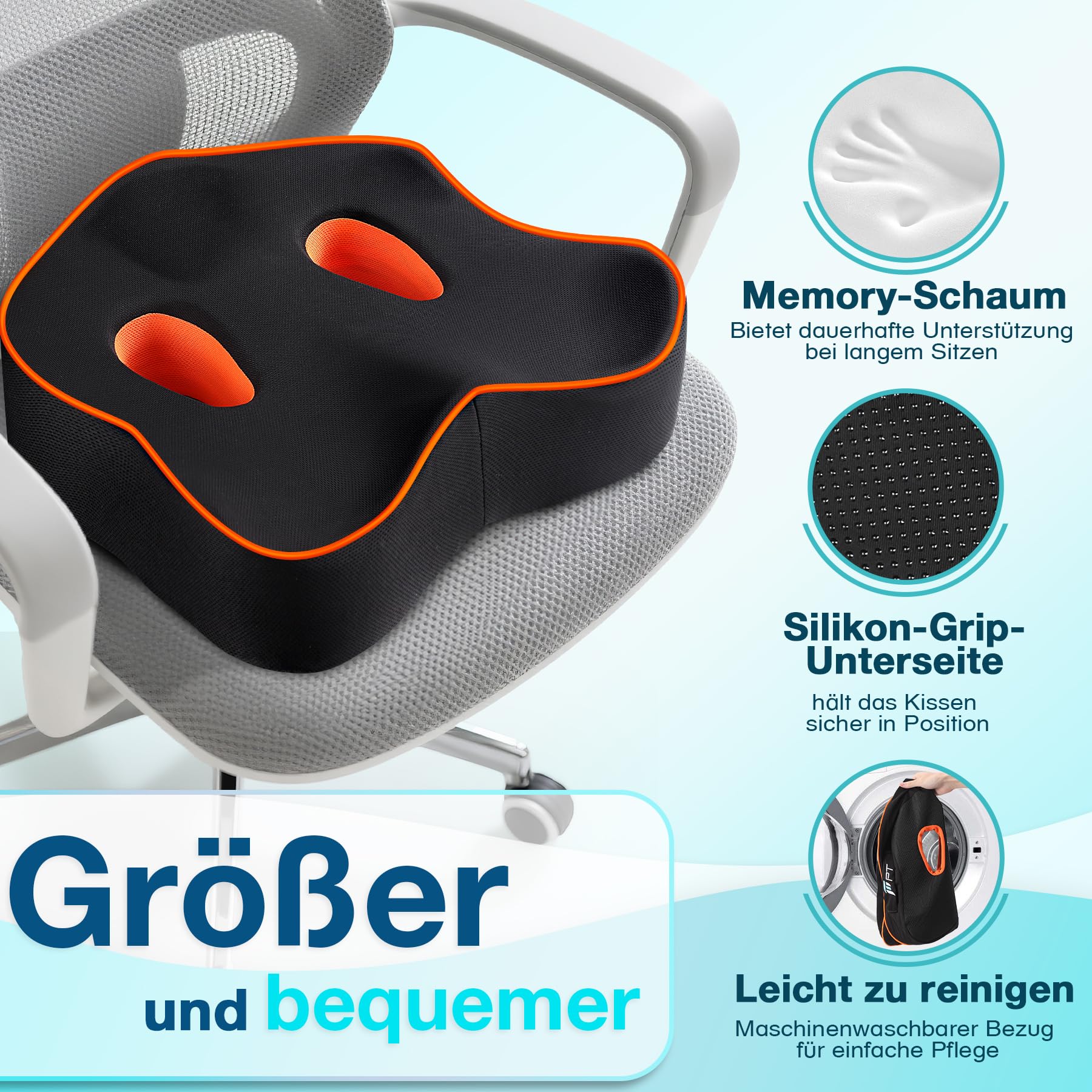 POOTACK Sitzkissen - Bürostuhl & Auto Sitzkissen mit Memory-Schaum, Atmungsaktive Sitzauflage für Homeoffice, Lange Fahrten und Büroarbeit, rutschfeste Unterseite, Waschbarer Bezug
