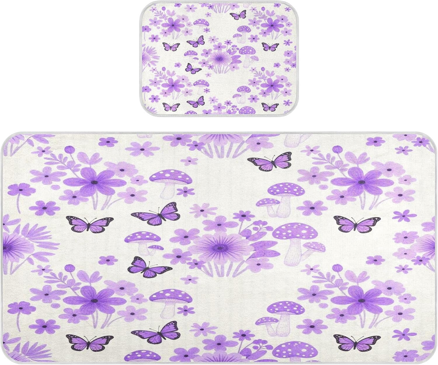 Cooling Baby Bed Mattress Cover 28" x 52" Absorbent Lilac Flowers Butterflies Mushrooms Crib Padding for Sides for Kids, Adult