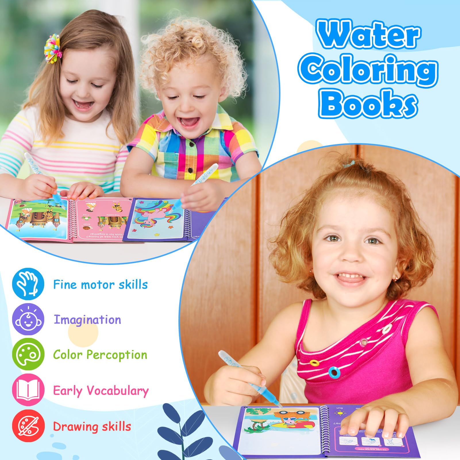 BelleStyle Magic Water Colouring Books, 4 Pieces Mess Free Water Painting Books for Children with 4 Water Pens - Image 2