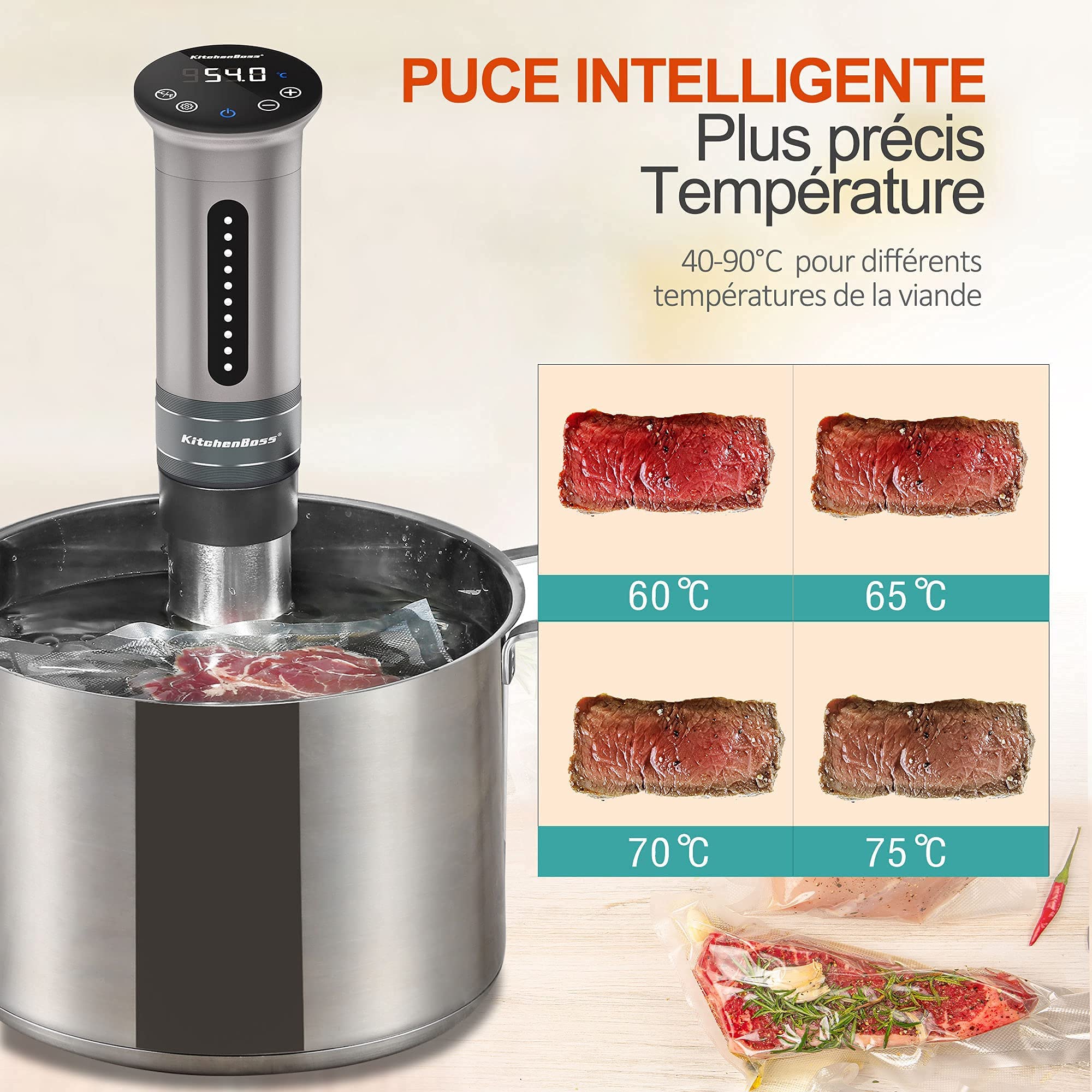 KitchenBoss Cuiseur Sous Vide,1100W, IPX7 Imperméable à l'eau,Calculateur d'Immersion de Cuisinière,Thermostat Réglable pour un Contrôle Précis de la Température