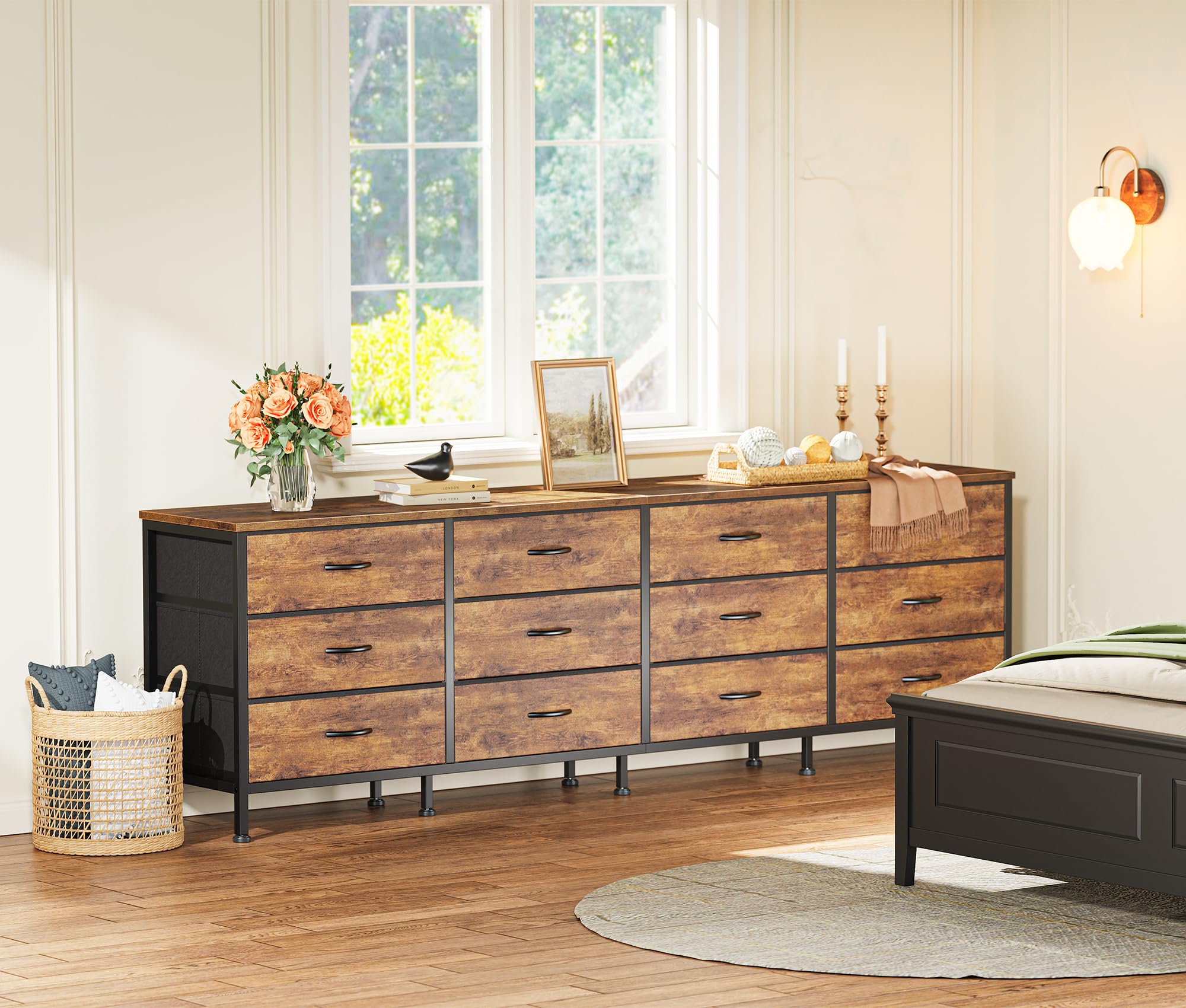 Cómoda de 70 pulgadas para dormitorio, soporte de TV para TV de 65, 75, 80 pulgadas, 12 cajones de tela, gran centro de entretenimiento para dormitorio, cómoda ancha con almacenamiento, marrón 9