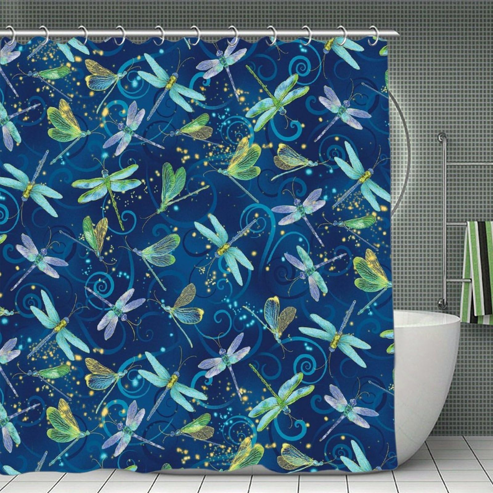 VstaDank Blue Dragonfly Shower Curtain Light-Weight Blackout Bathroom Curtain Washable Shower Liner 71x71 Inch Bath Curtain with Metal Holes Bathtub Bath Room