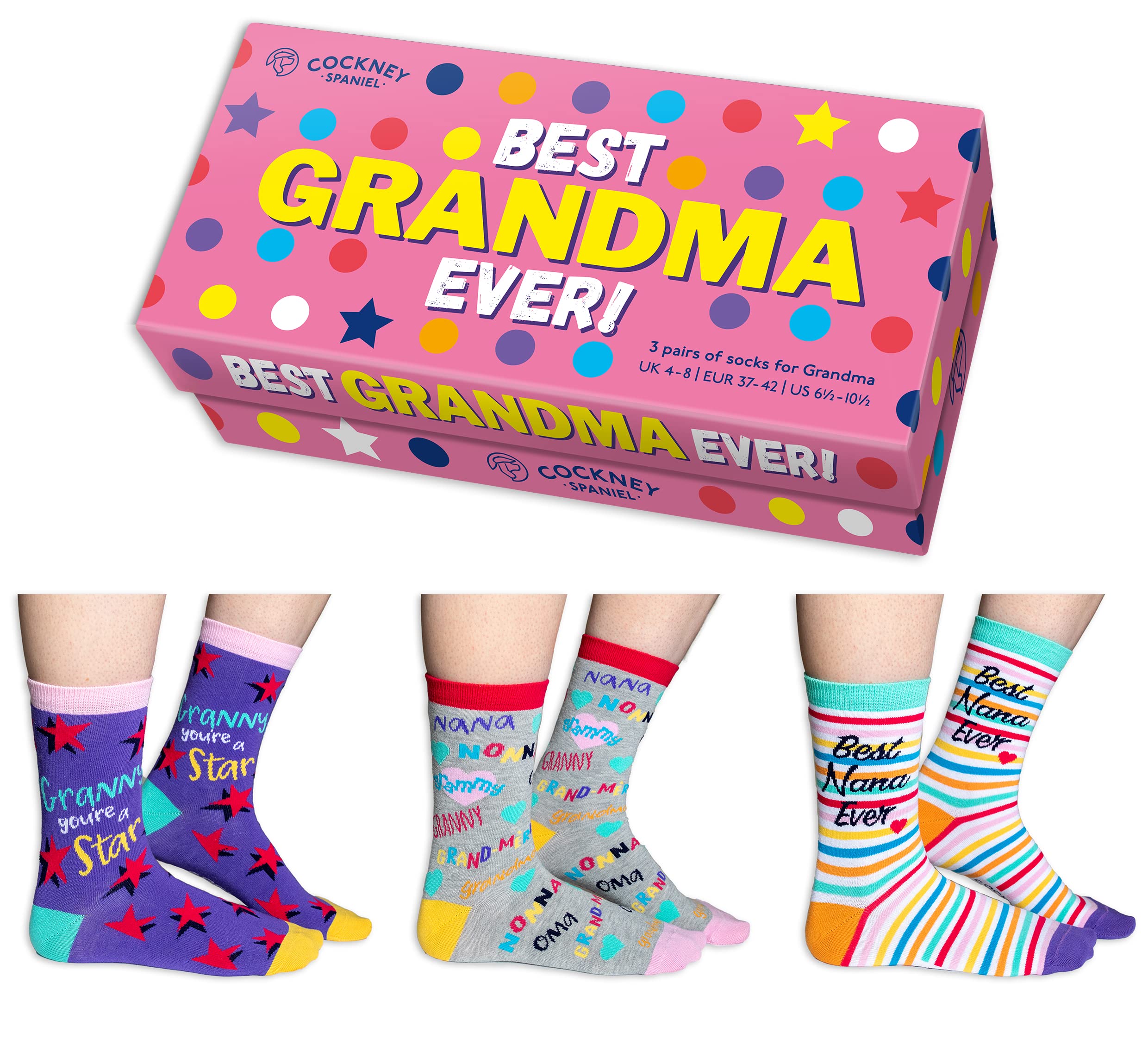 Cockney Spaniel 3 Pairs of Women's Novelty Crew Socks, Size: UK 4-8 (EUR 37-42), Fun and Quirky Gift for Women (UK, Alpha, One Size, Regular, Regular, Best Grandma)
