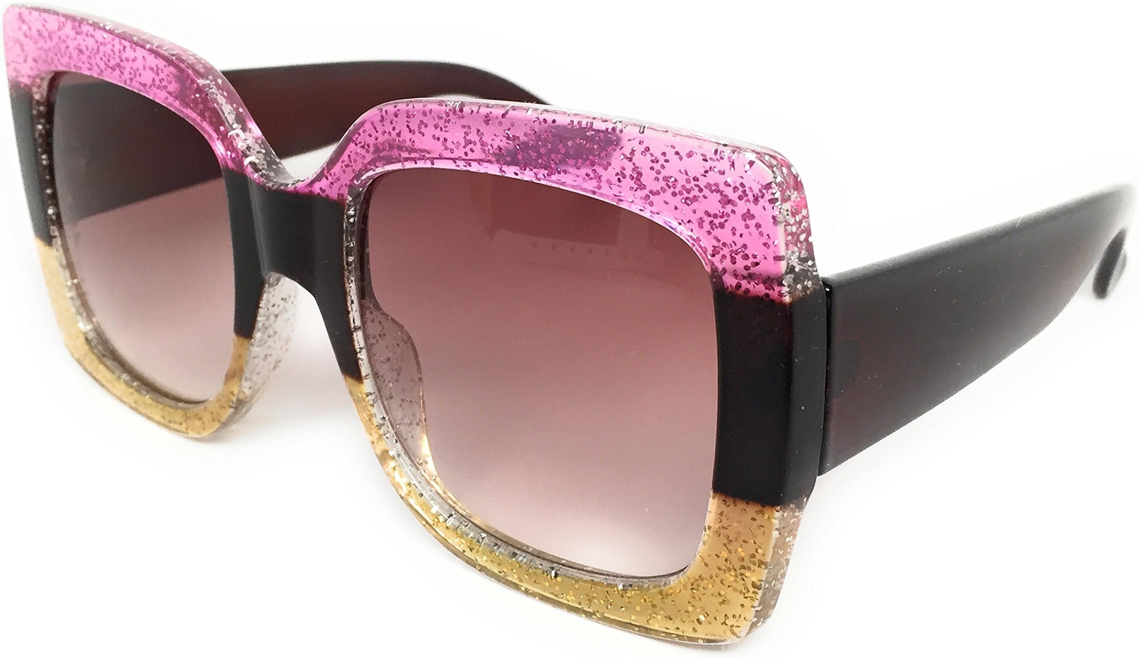 My Shades(TM) - Designer Inspired Oversize Glitter Sparkle Square Frame Sunglasses (Glitter Pink, Tortoise, Gold/Brown Gradient)