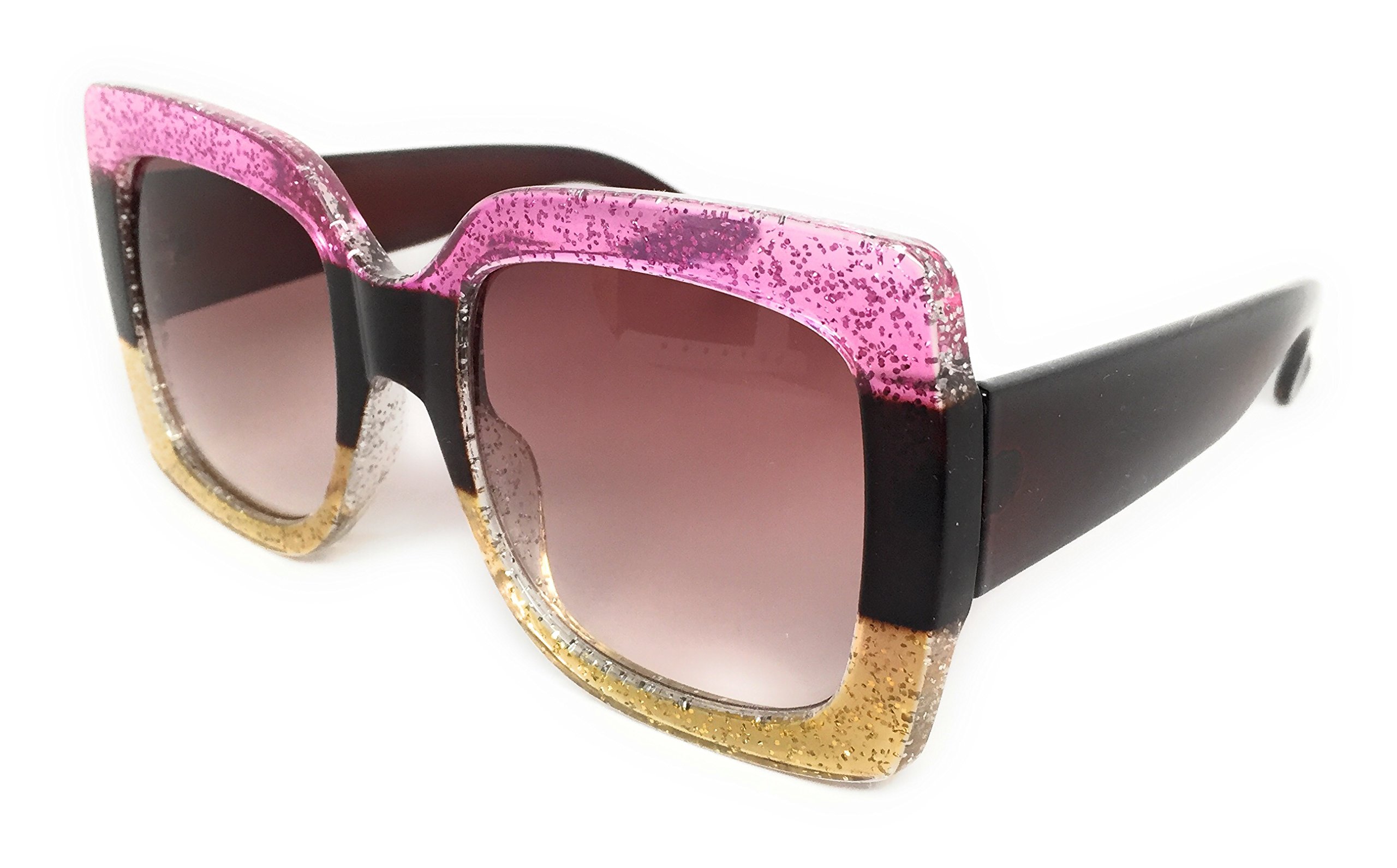 My Shades(TM) - Designer Inspired Oversize Glitter Sparkle Square Frame Sunglasses (Glitter Pink, Tortoise, Gold/Brown Gradient)