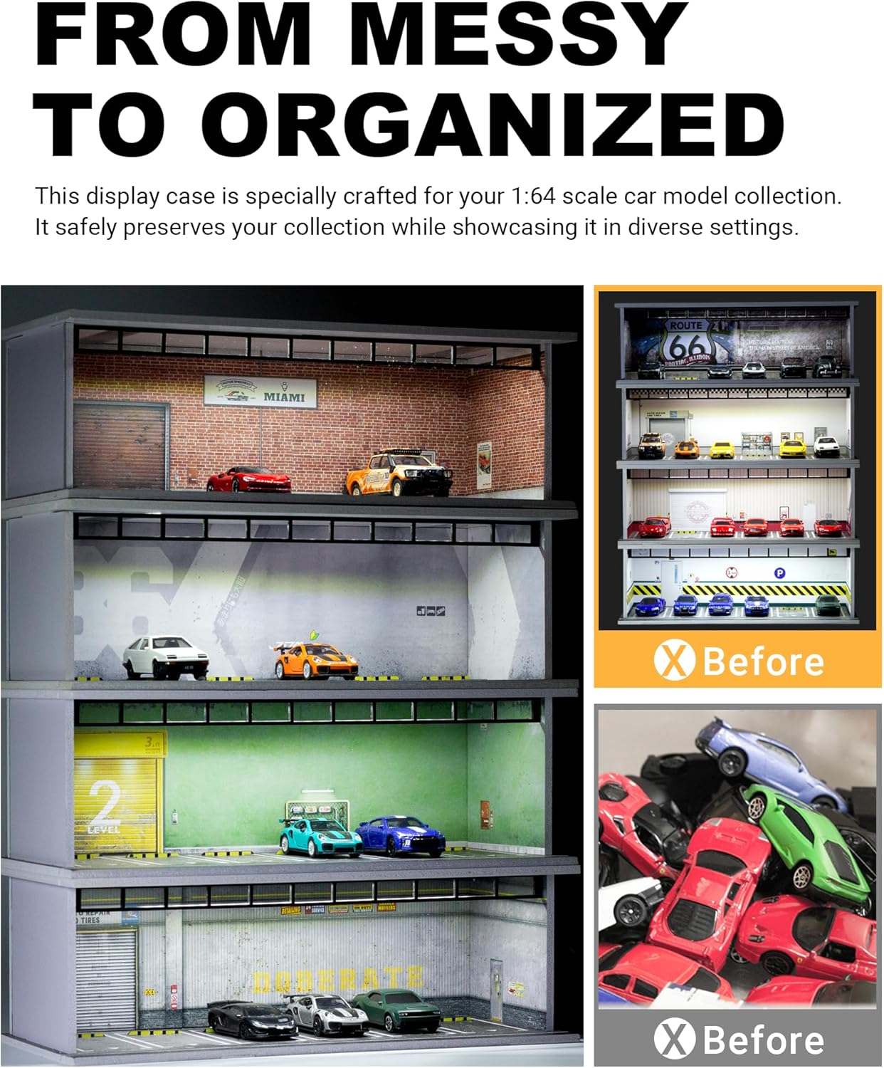 1/64 Scale Display Case Car Garage Moldel, Acrylic Cover Diecast Car Show Case with LED Light 6 Parking Spaces, Hot diecast Wheel Parking Scene (Vehicles Not Included) Underground Parking Lot