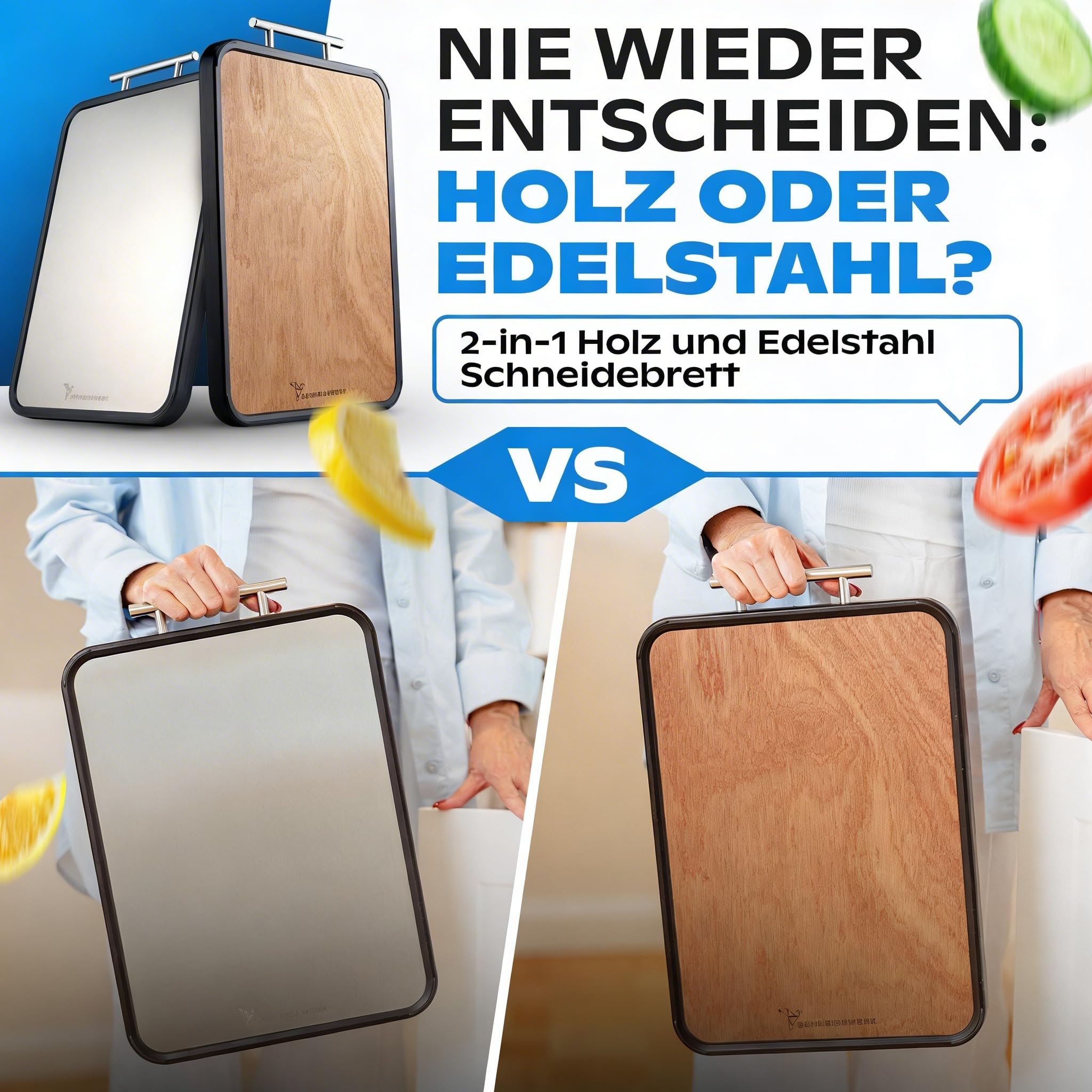 Doppelseitiges Schneidebrett Holz & Edelstahl – 2-in-1 Küchenbrett | Rutschfestes Cutting Board, Groß mit Saftrille & Anti-Slip-Rahmen | Schneidewerk