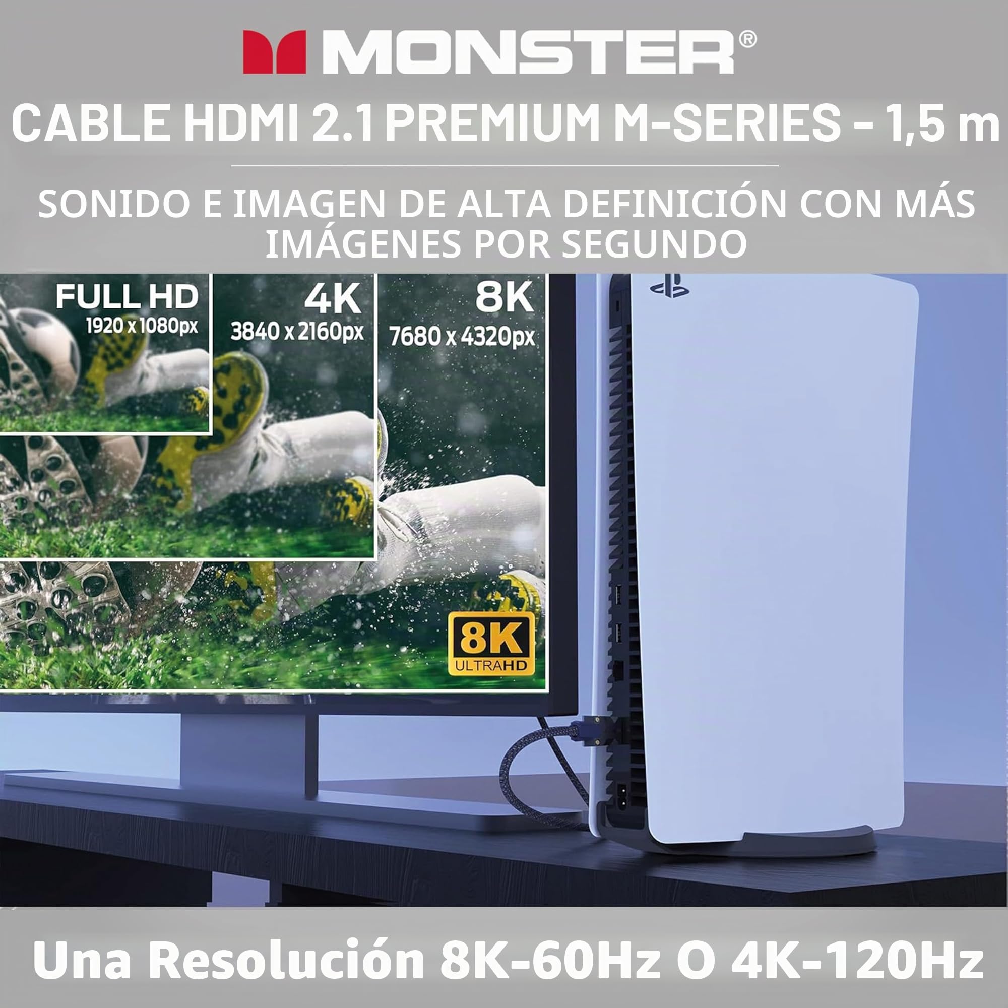 Monster - Cable HDMI de resolución 8K - Vídeo HDR - 48 GBPS - Velocidad flash - Conectores V-Grip - Triple Blindaje - 1,5 metros - Garantizado de por vida - Negro