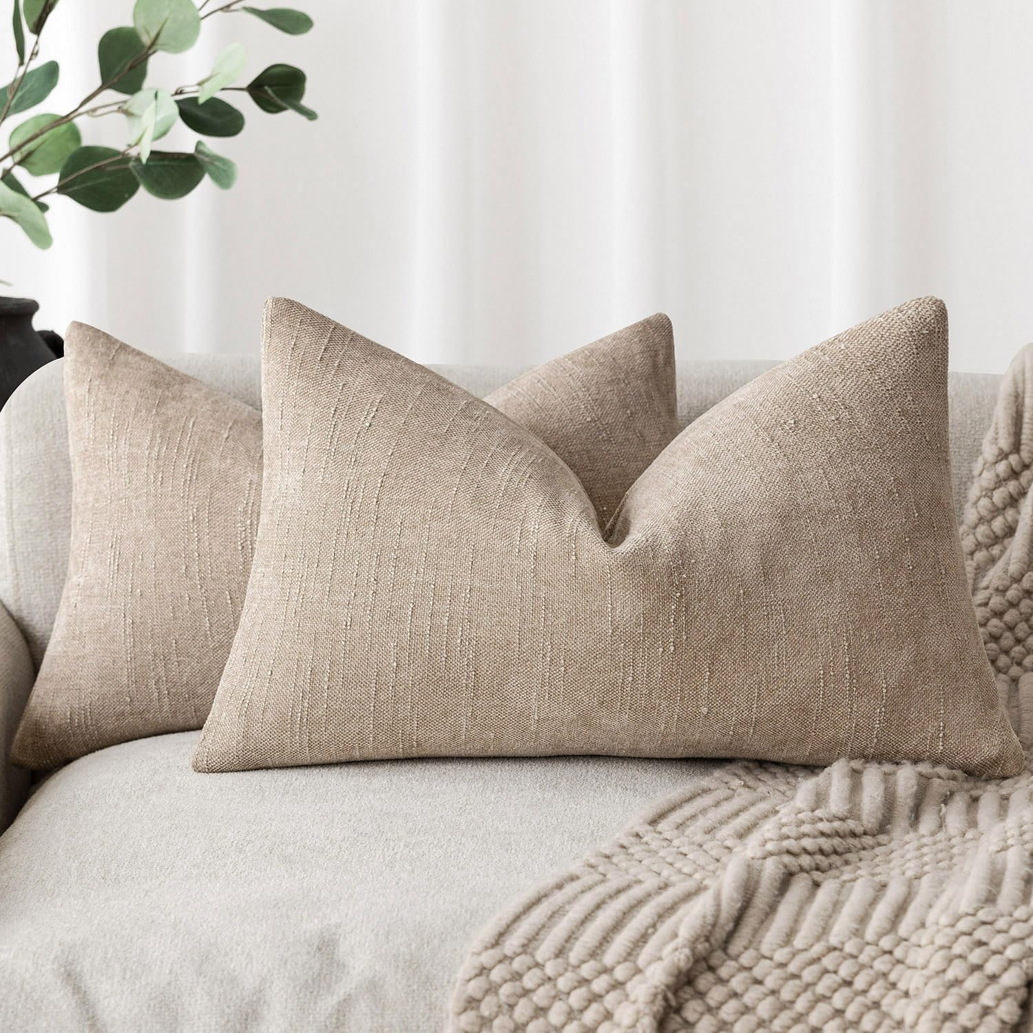 Foindtower Set of 2 Textured Chenille Throw Decorative Pillow Covers Square Accent Solid Cushion Cover Neutral Farmhouse Lumbar Pillow Case for Couch